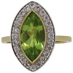 Marquise Peridot and Diamond Cluster Ring 18 Karat Yellow and White Gold