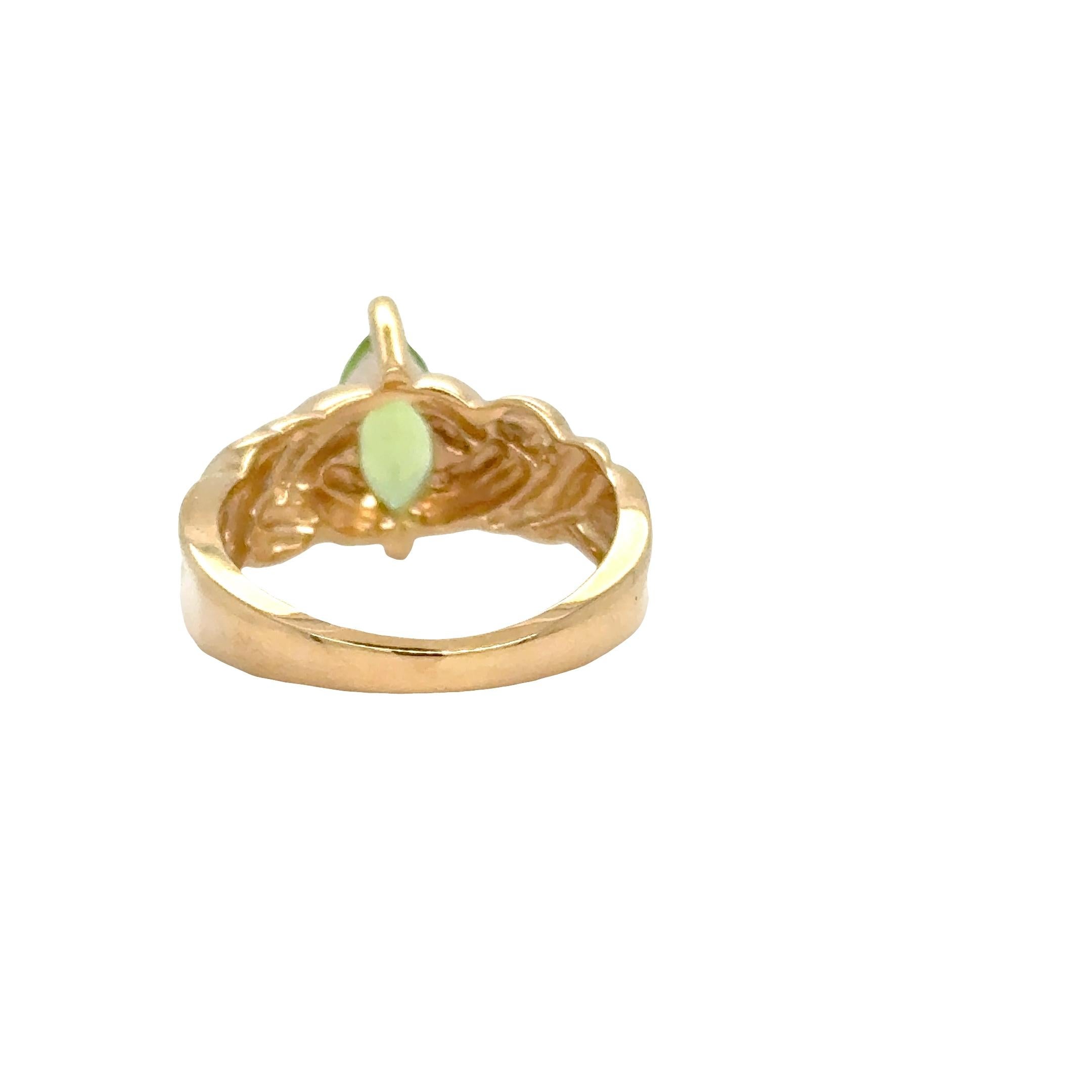 Marquise Cut Marquise Peridot Rope Design Ring – North-South Prong Set in 14k Yellow Gold For Sale