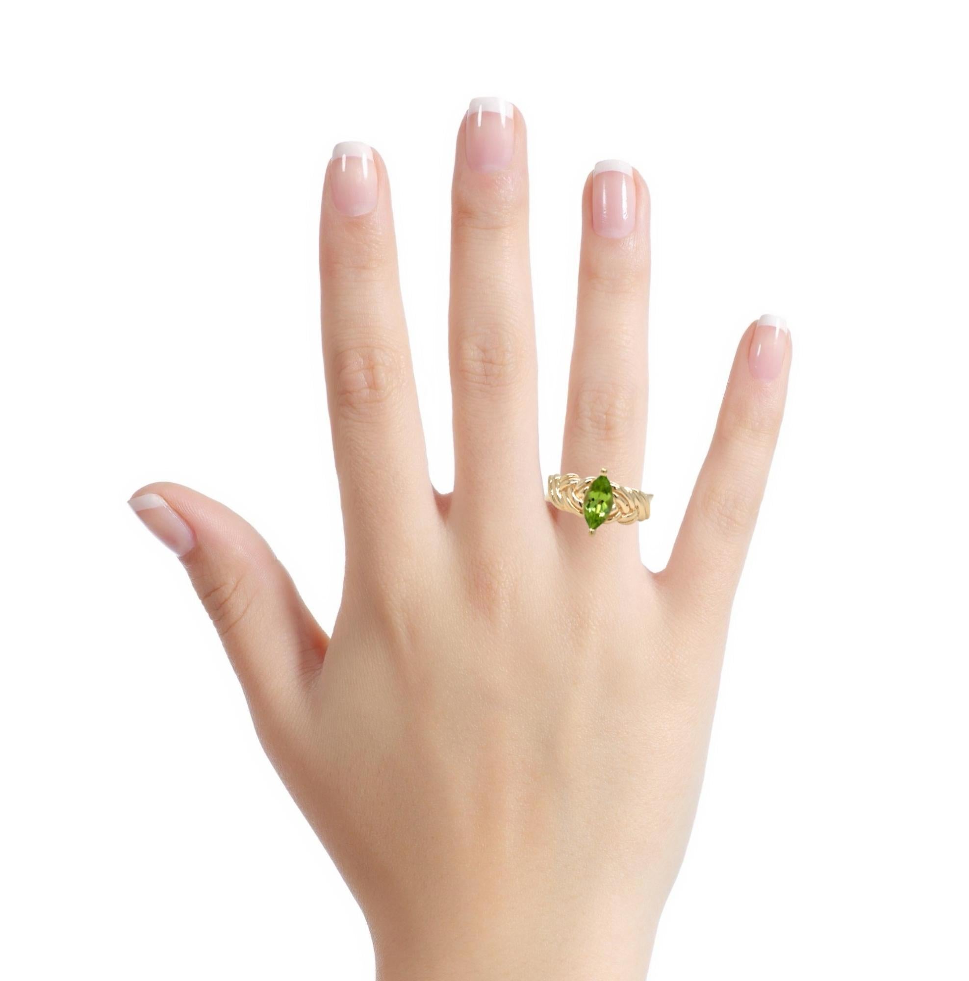 Women's Marquise Peridot Rope Design Ring – North-South Prong Set in 14k Yellow Gold For Sale