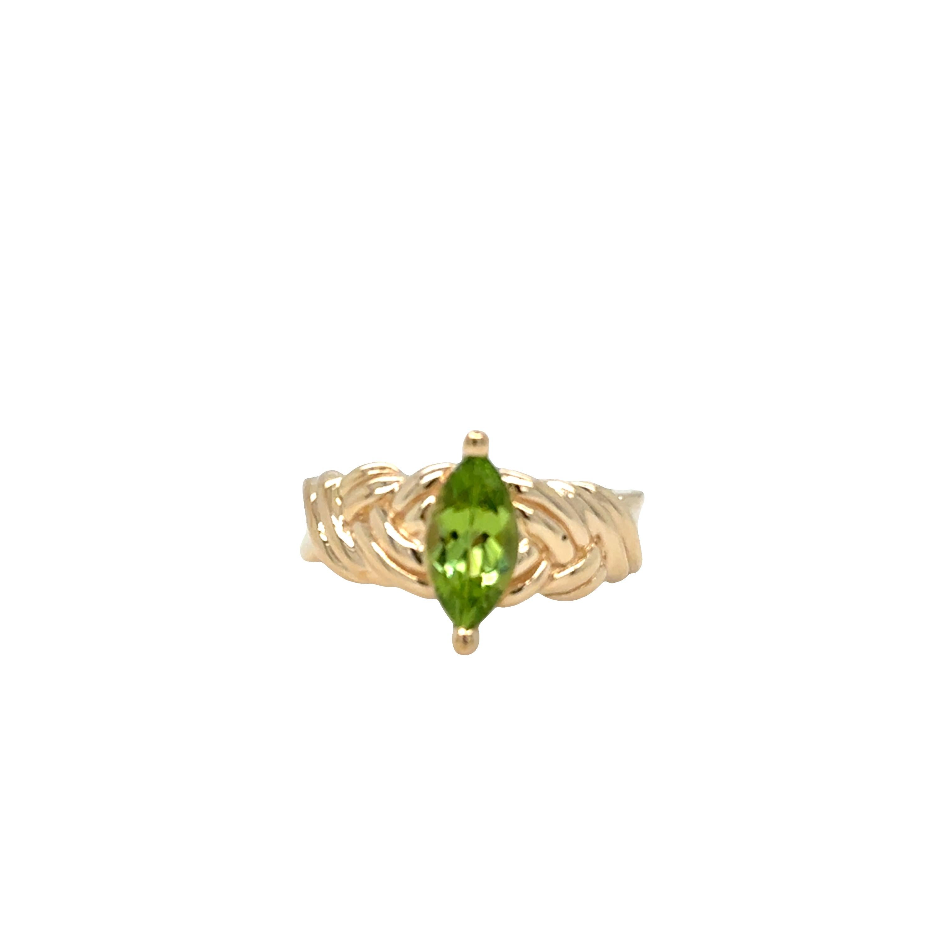 Marquise Peridot Rope Design Ring – North-South Prong Set in 14k Yellow Gold For Sale 1