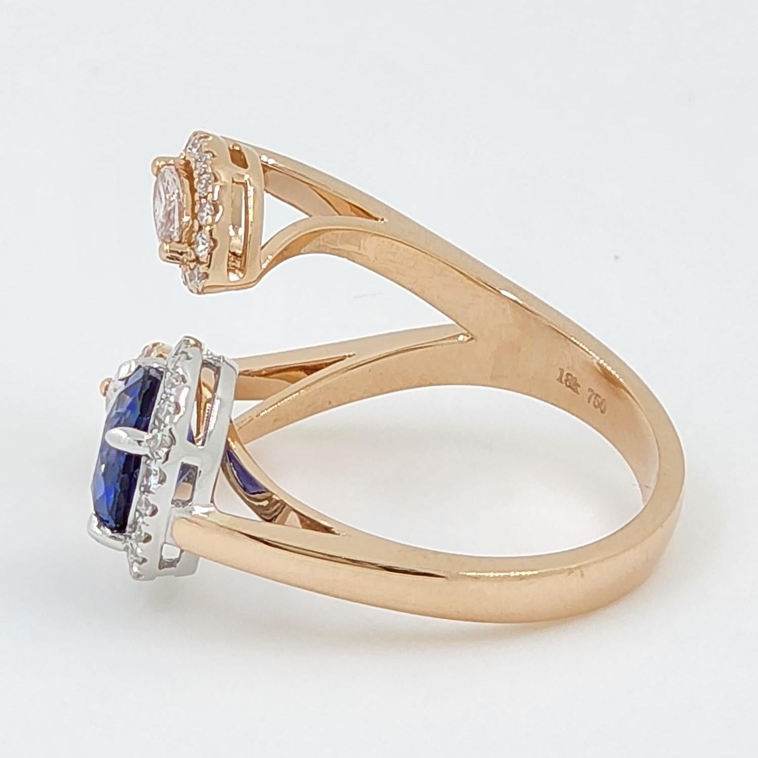 Art Deco Marquise Pink Diamond and Blue Sapphire Ring in 18K Rose and White Gold For Sale