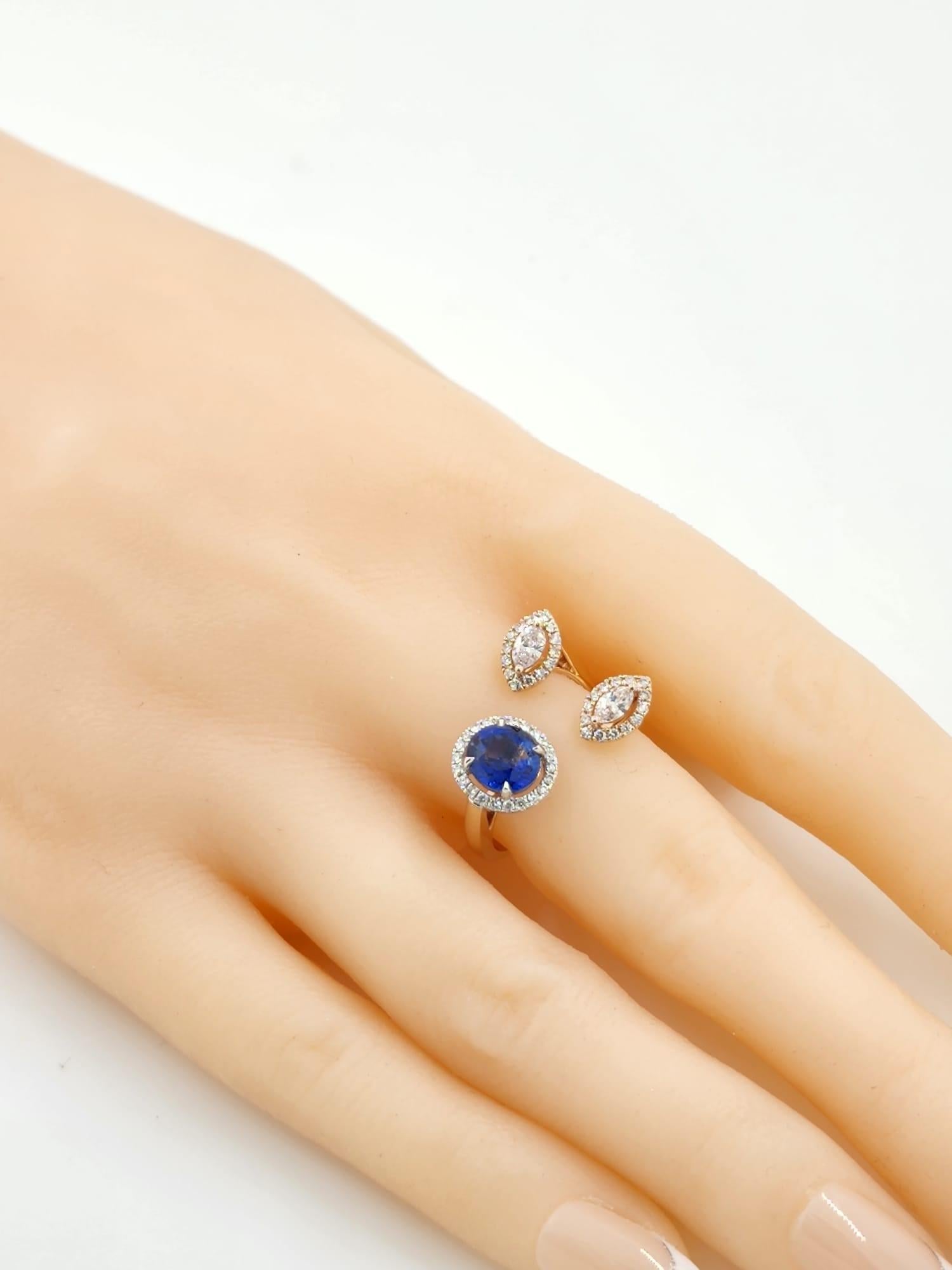 Women's Marquise Pink Diamond and Blue Sapphire Ring in 18K Rose and White Gold For Sale