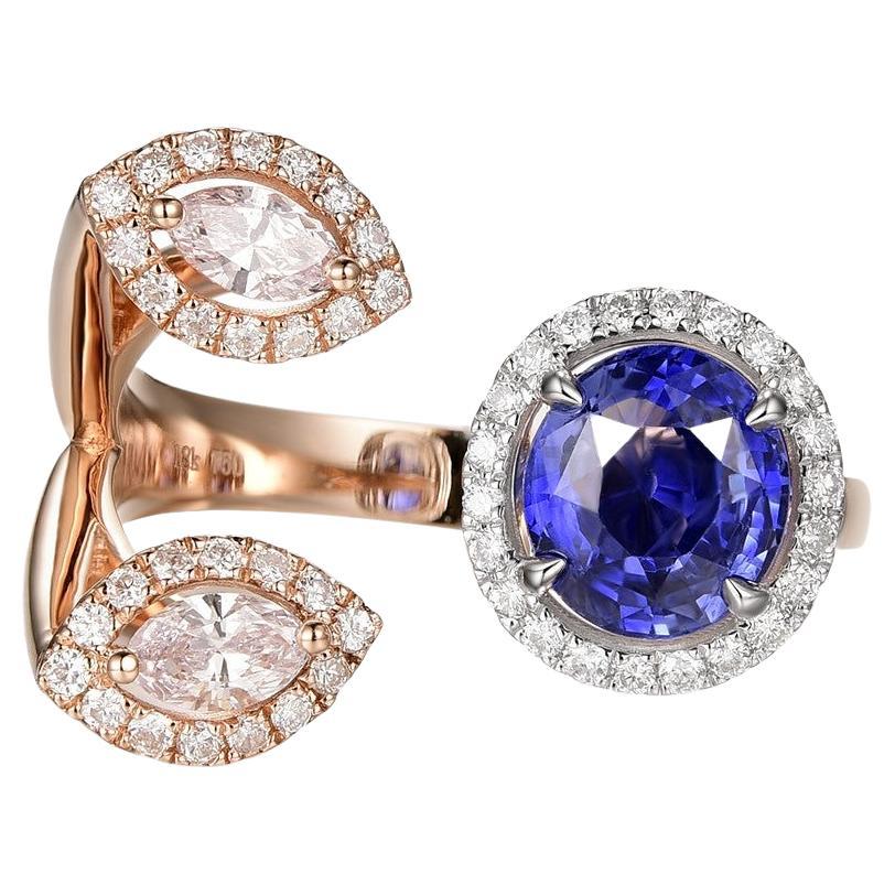 Marquise Pink Diamond and Blue Sapphire Ring in 18K Rose and White Gold For Sale