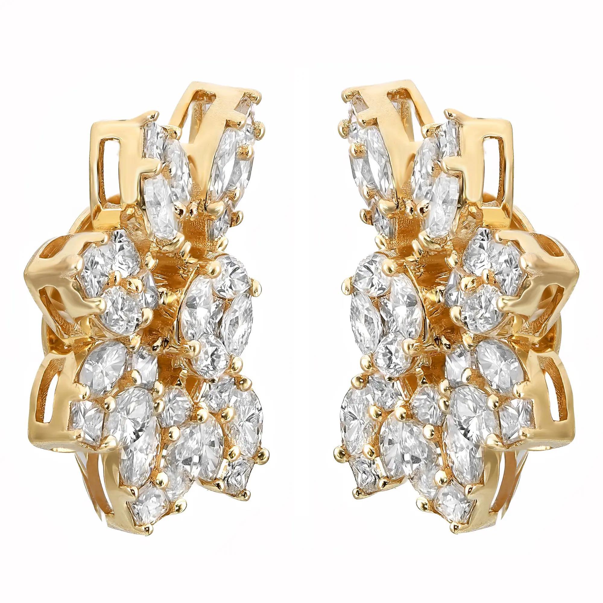 These charming flower earrings evoke the beauty of springtime blooms. Beautifully crafted in lustrous 14k yellow gold, the earrings are encrusted with prong-set marquise and princess-cut diamonds weighing 2.96 carats. The diamond quality is color