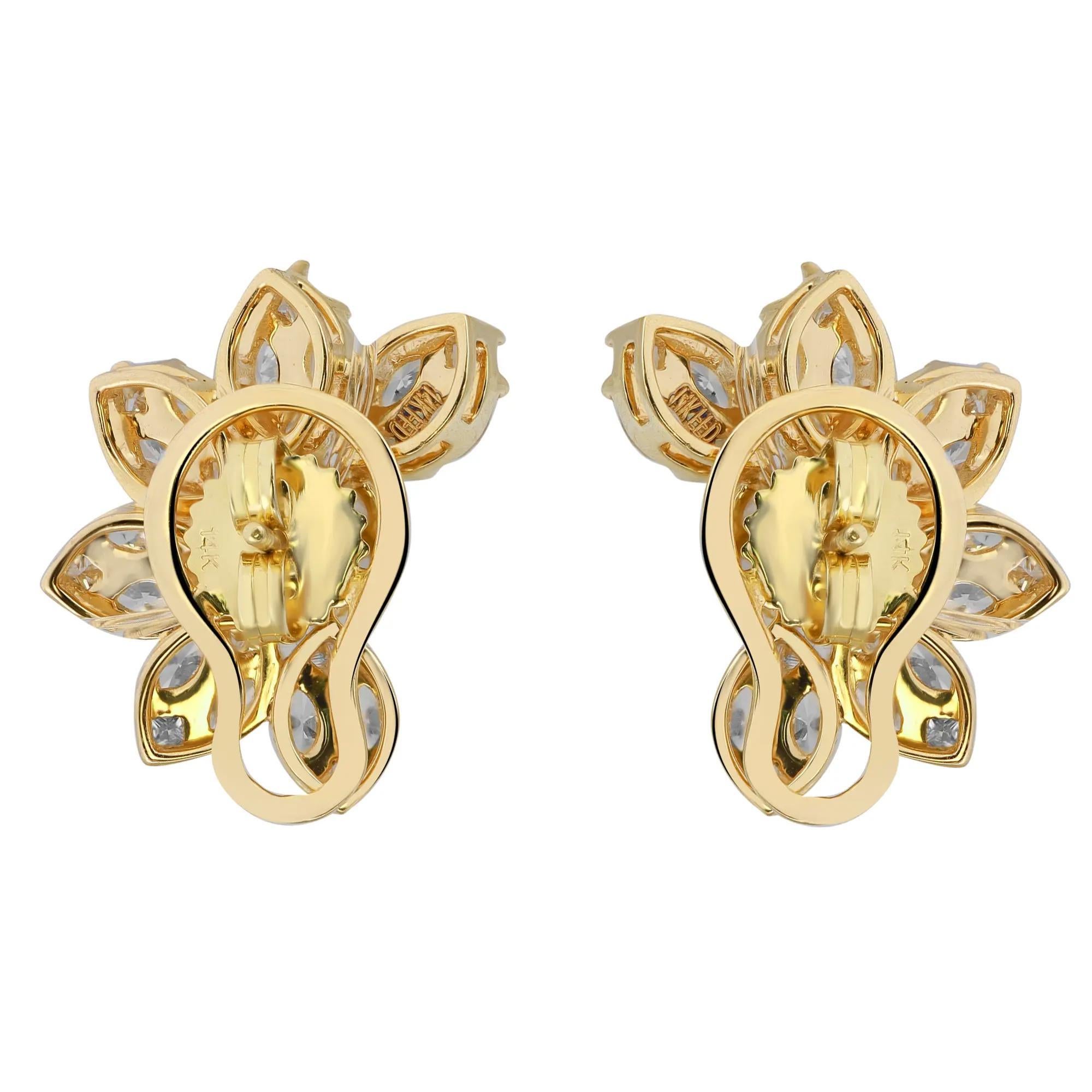 Modern Marquise & Princess Cut Diamond Flower Stud Earrings 14K Yellow Gold 2.96Cttw For Sale