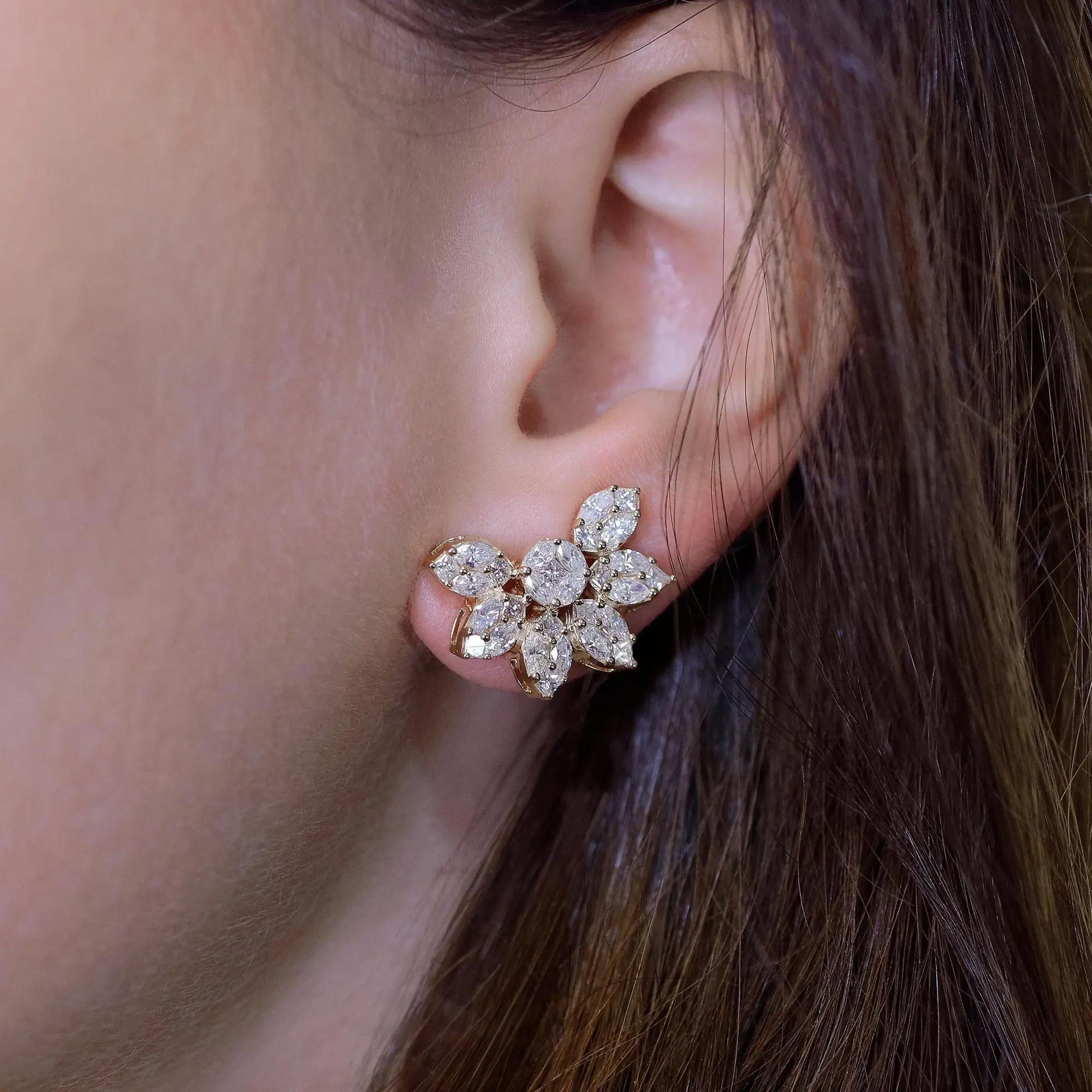 Marquise Cut Marquise & Princess Cut Diamond Flower Stud Earrings 14K Yellow Gold 2.96Cttw For Sale
