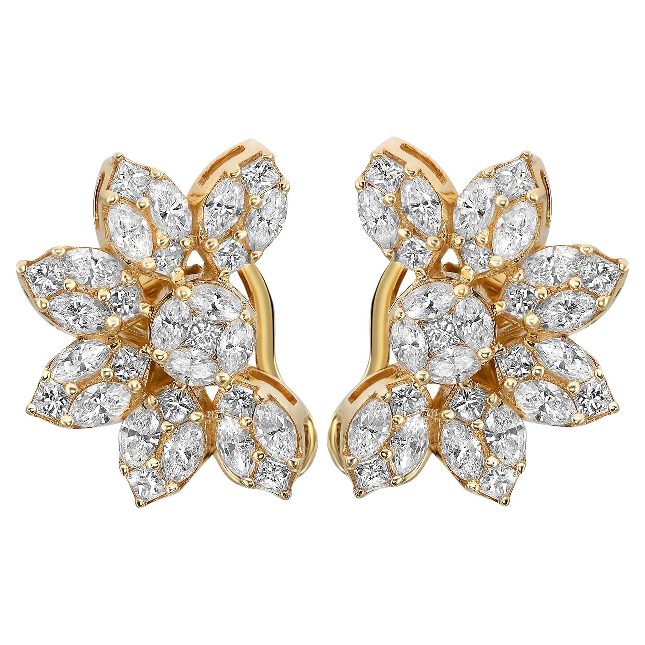 Marquise & Princess Cut Diamond Flower Stud Earrings 14K Yellow Gold 2.96Cttw For Sale