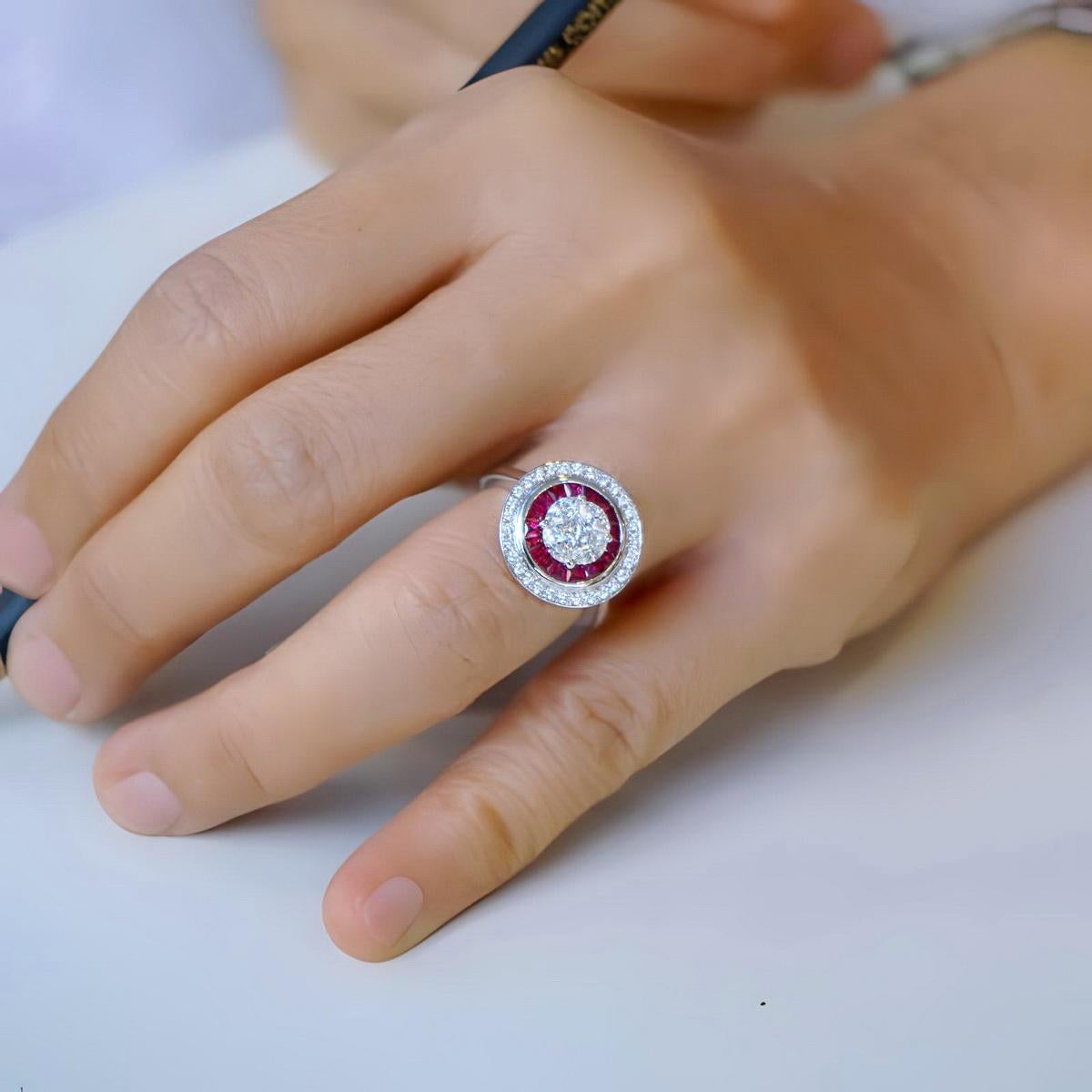 Princess Cut Marquise princess illusion with double halo of ruby &  diamond For Sale