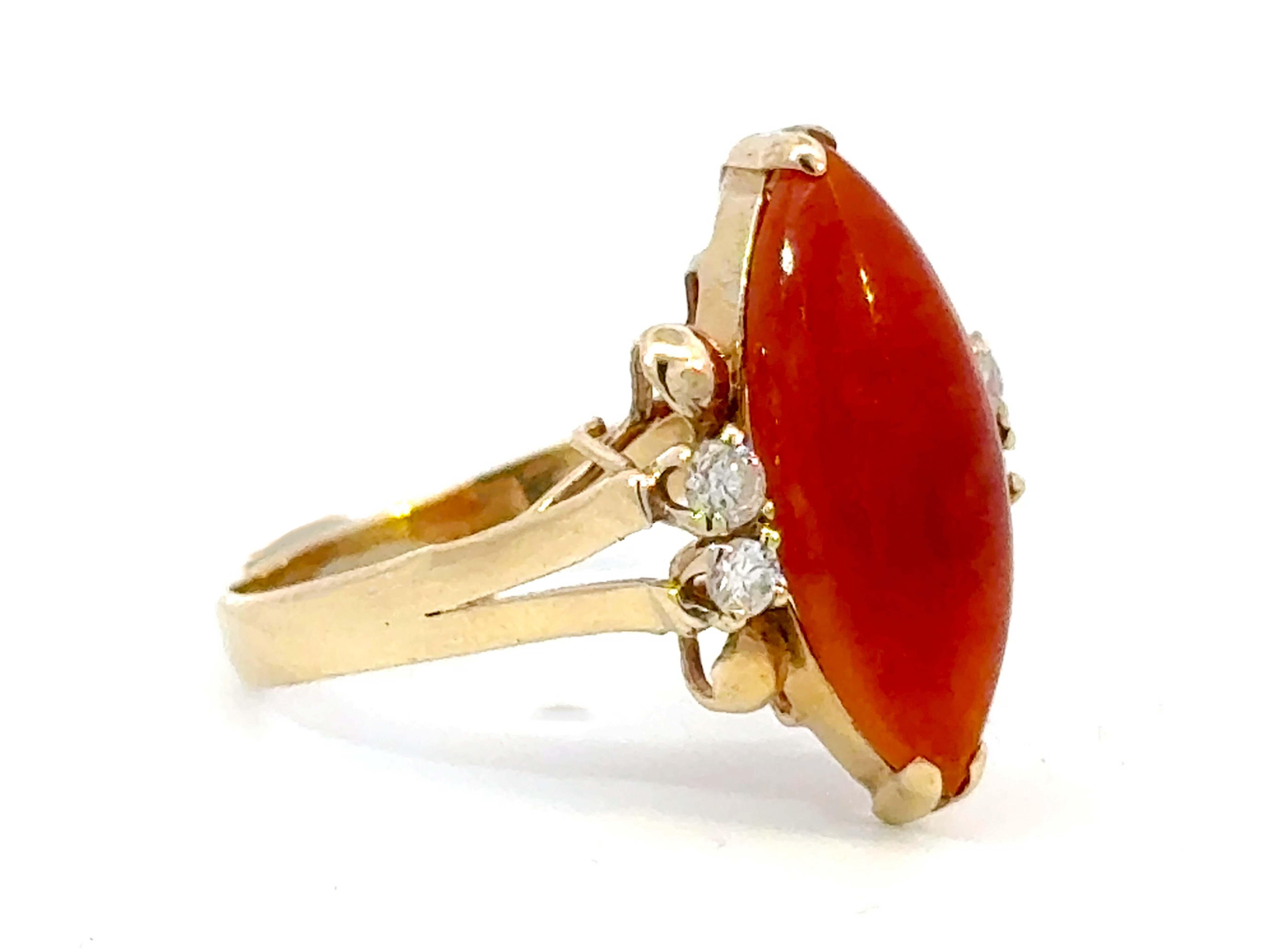 Modern Marquise Red Jade Diamond Ring 14k Yellow Gold For Sale