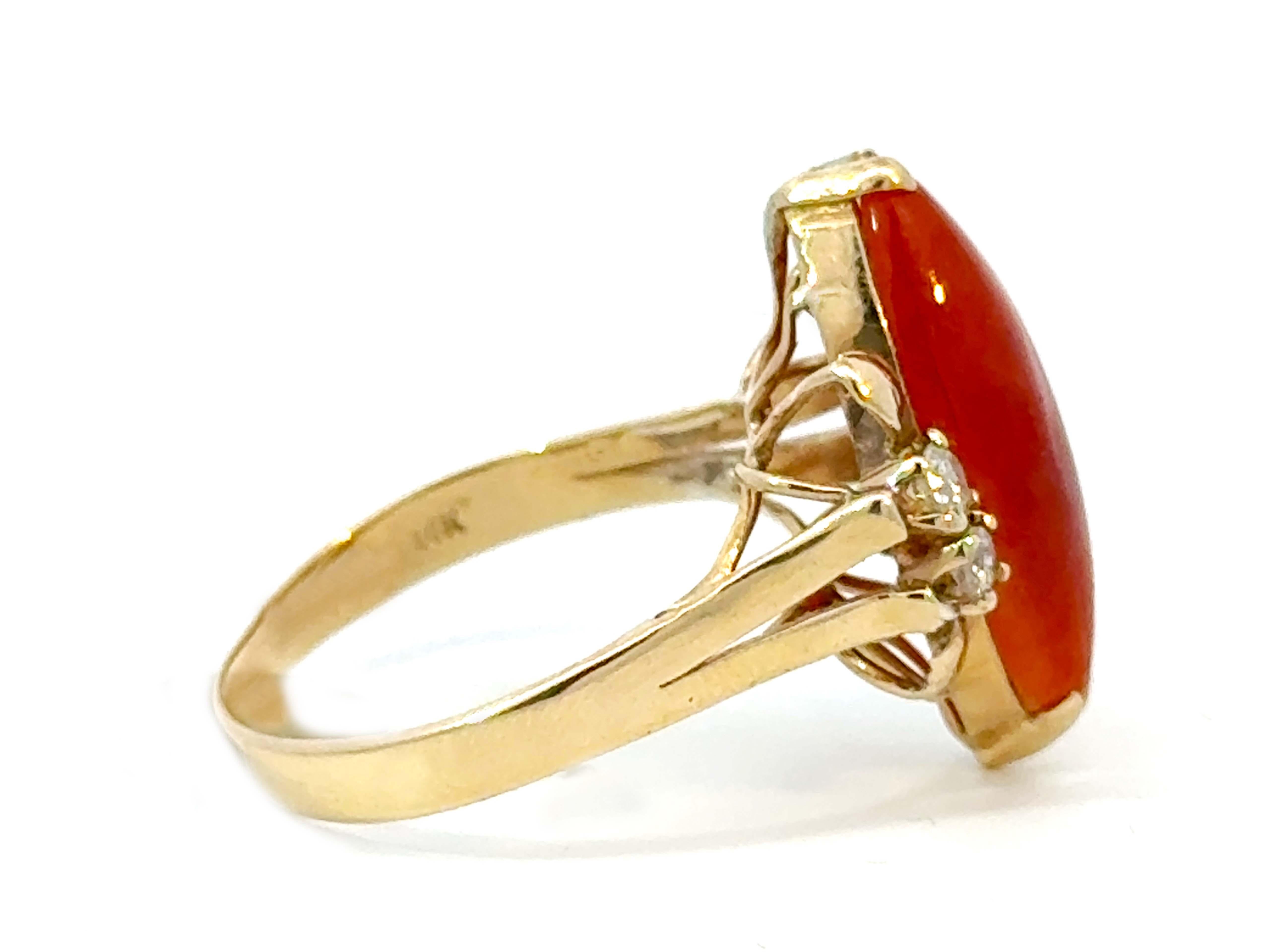 Marquise Red Jade Diamond Ring 14k Yellow Gold In Excellent Condition For Sale In Honolulu, HI