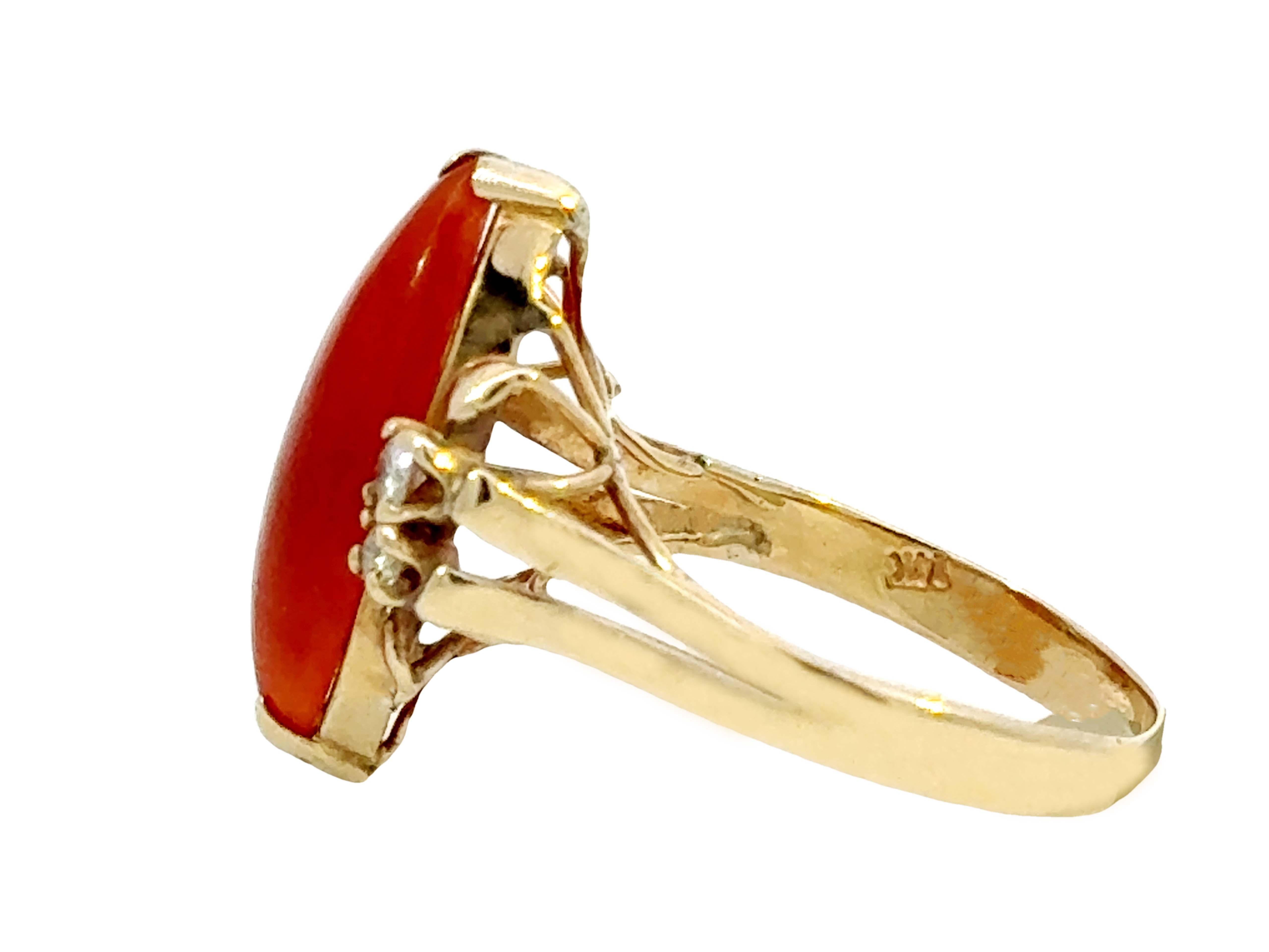 Women's or Men's Marquise Red Jade Diamond Ring 14k Yellow Gold For Sale