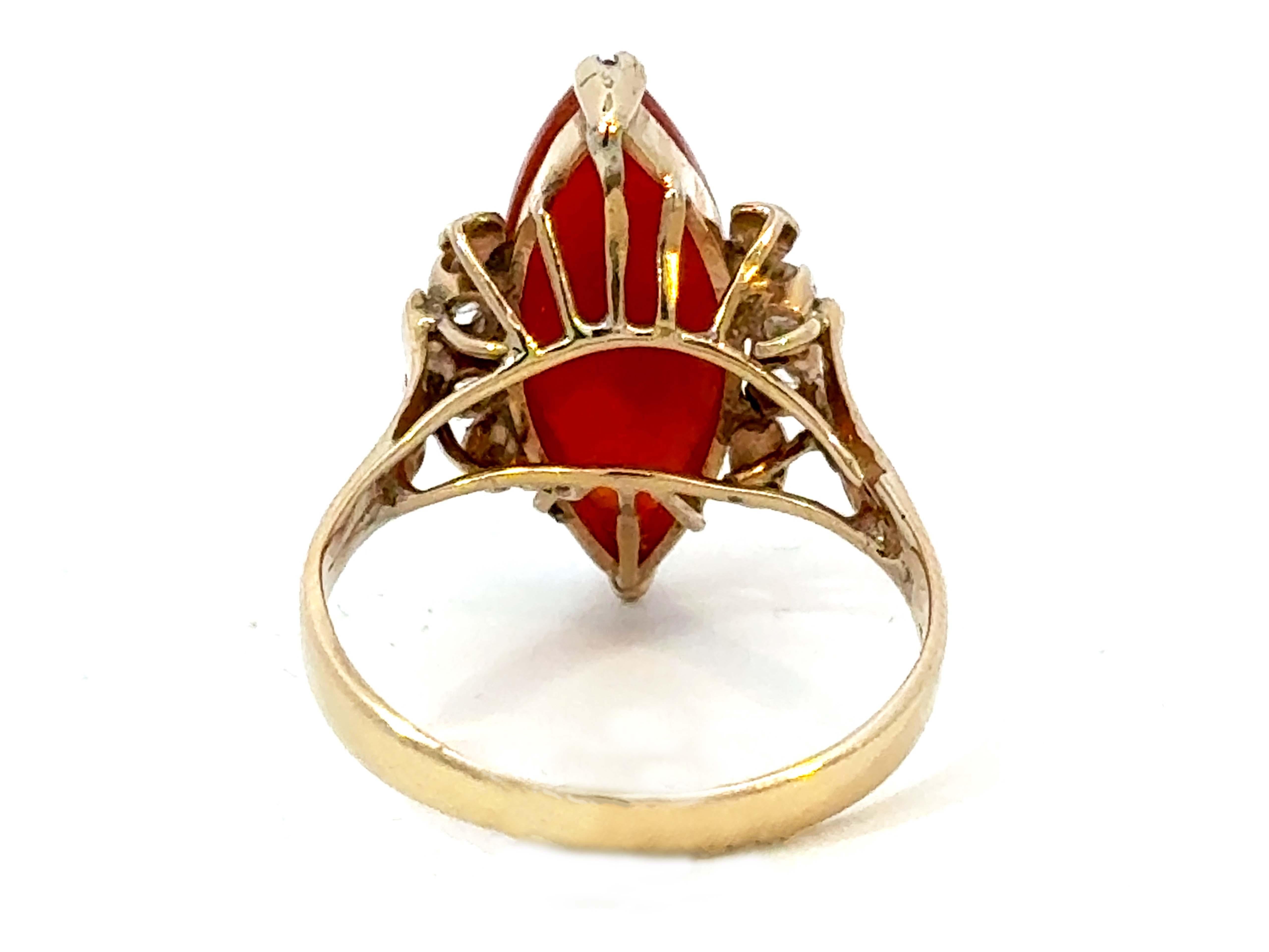 Marquise Red Jade Diamond Ring 14k Yellow Gold For Sale 1