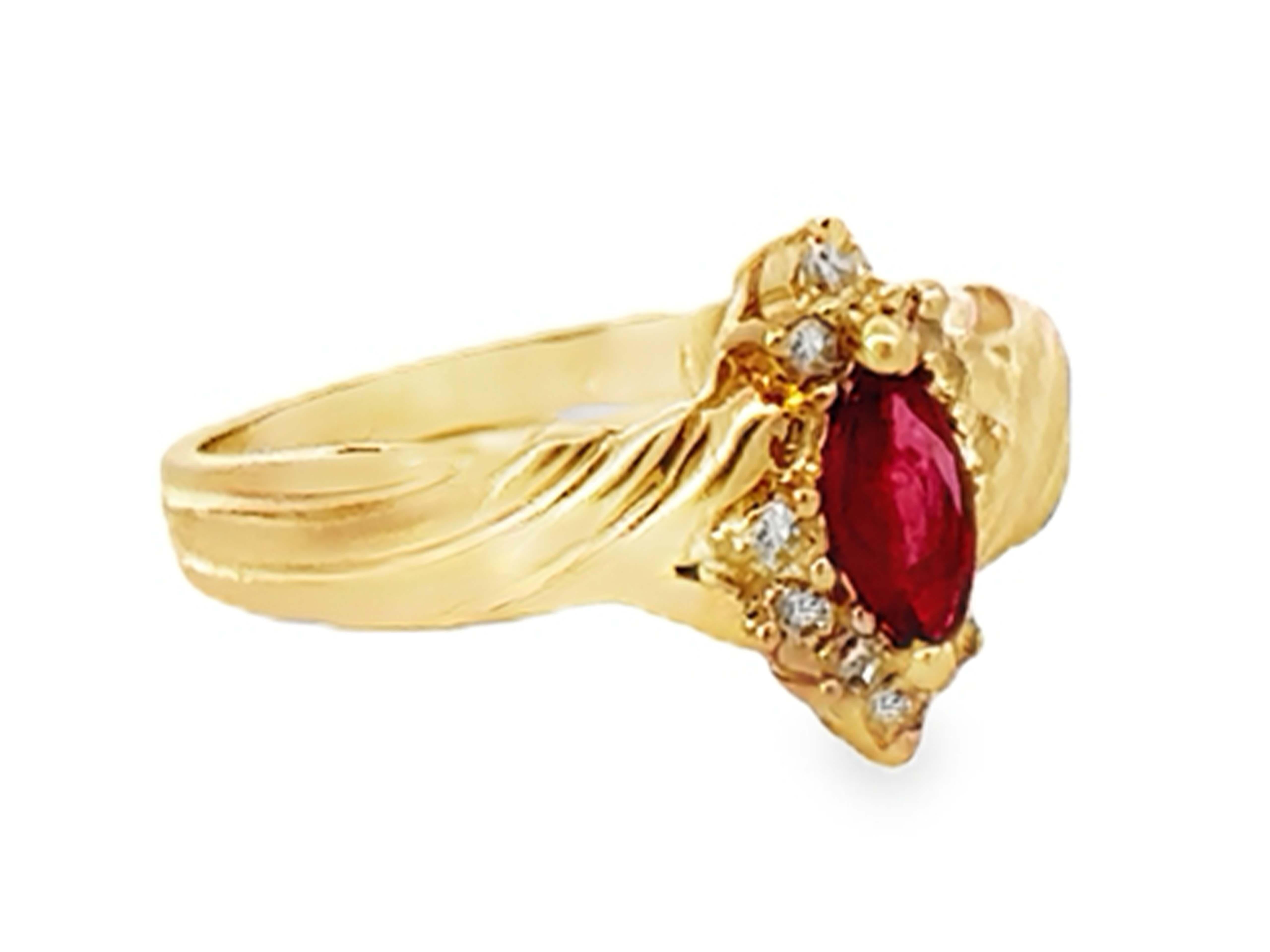 Modern Marquise Red Ruby and Diamond Ring 14k Yellow Gold For Sale