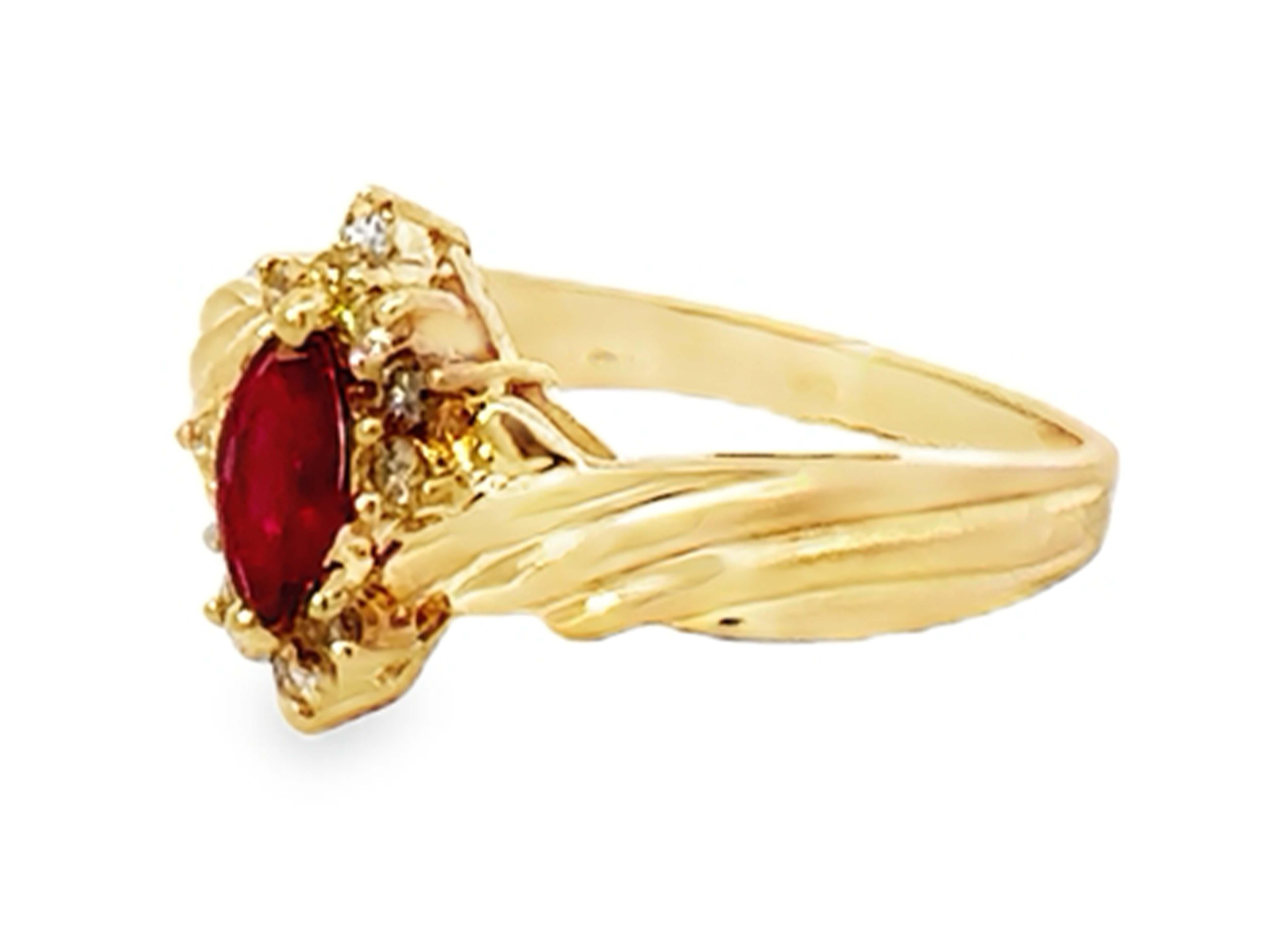 Marquise Cut Marquise Red Ruby and Diamond Ring 14k Yellow Gold For Sale