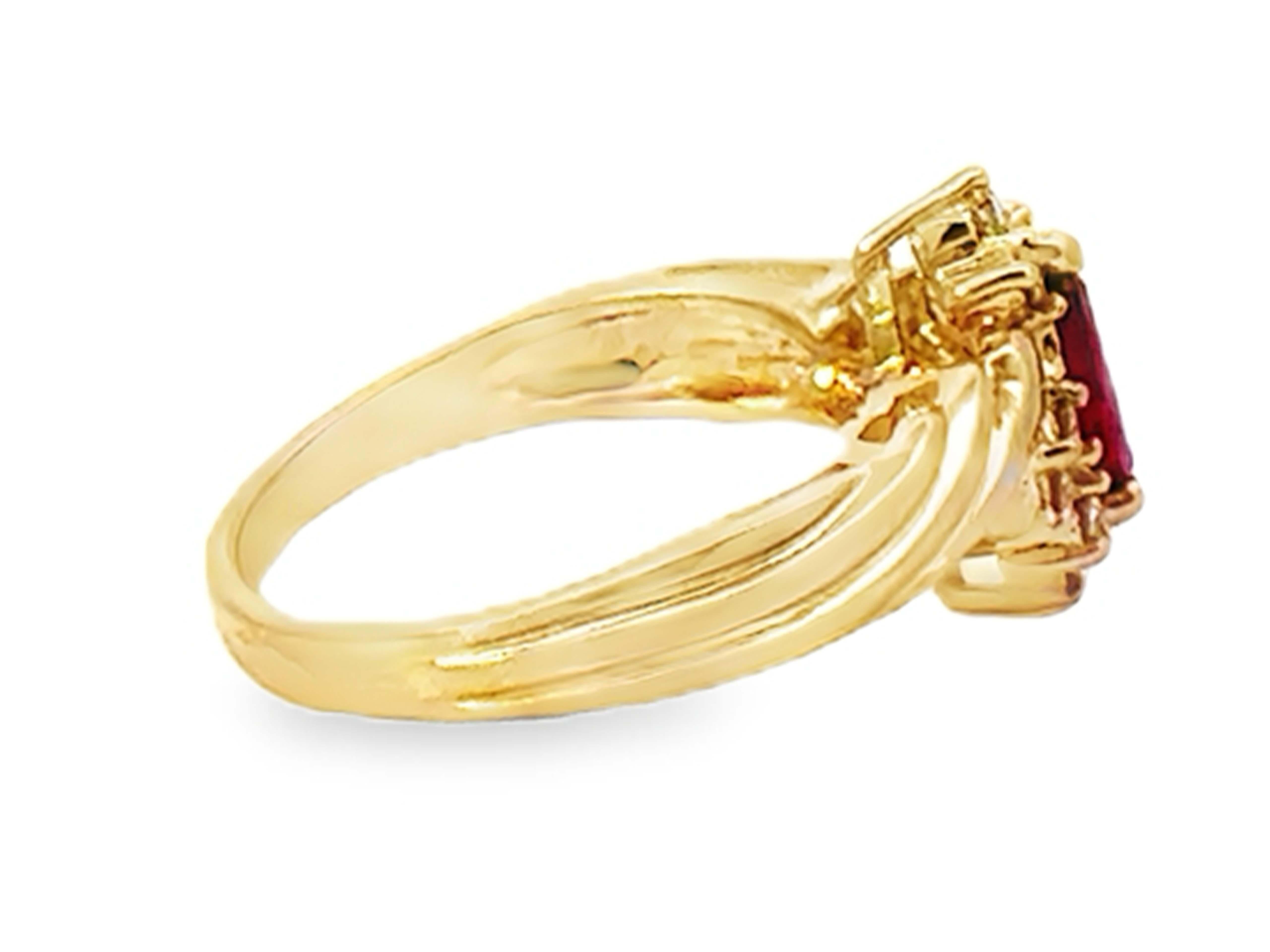 Marquise Red Ruby and Diamond Ring 14k Yellow Gold In Excellent Condition For Sale In Honolulu, HI
