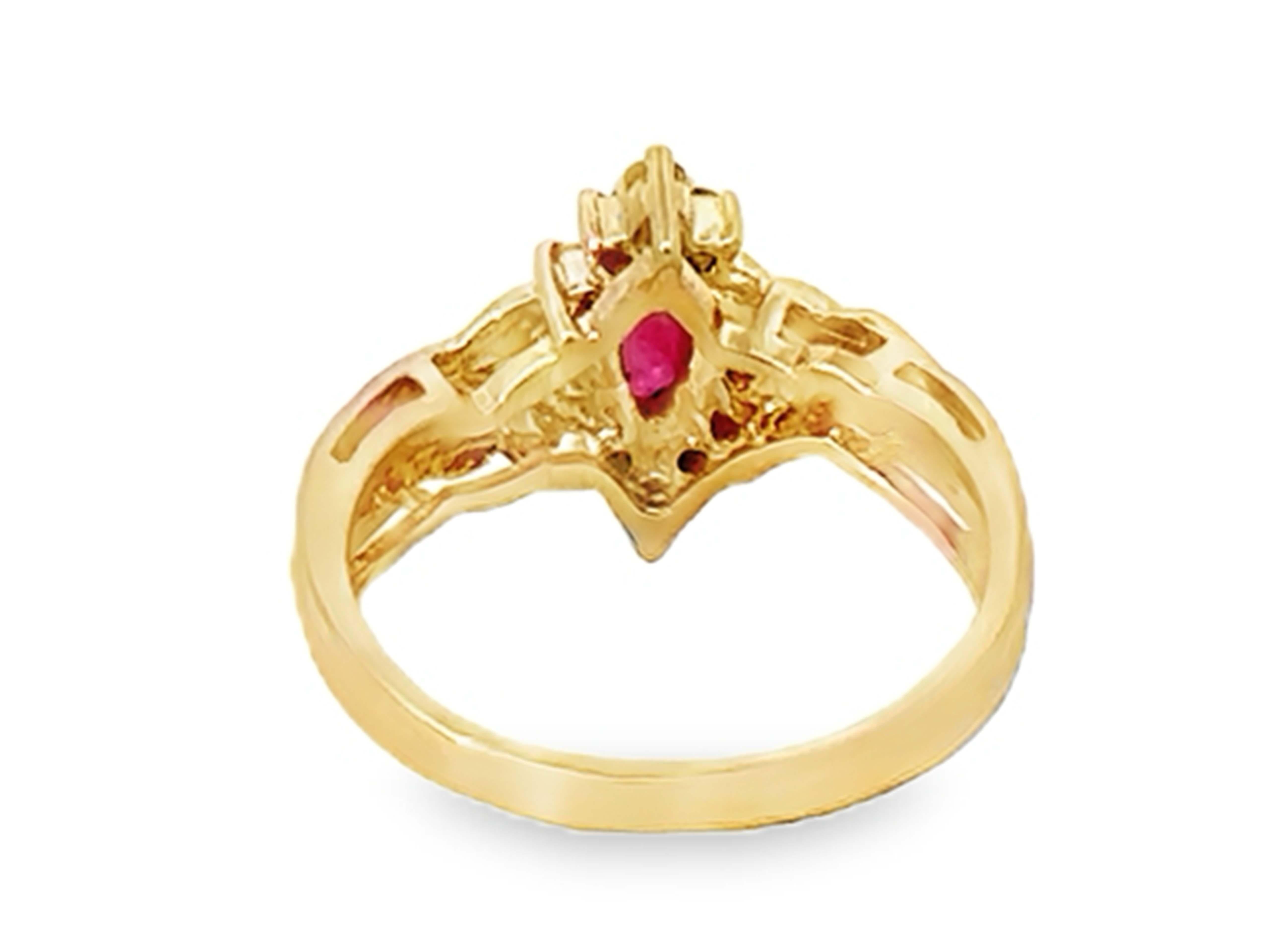 Marquise Red Ruby and Diamond Ring 14k Yellow Gold For Sale 1