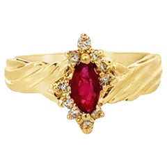 Marquise Red Ruby and Diamond Ring 14k Yellow Gold