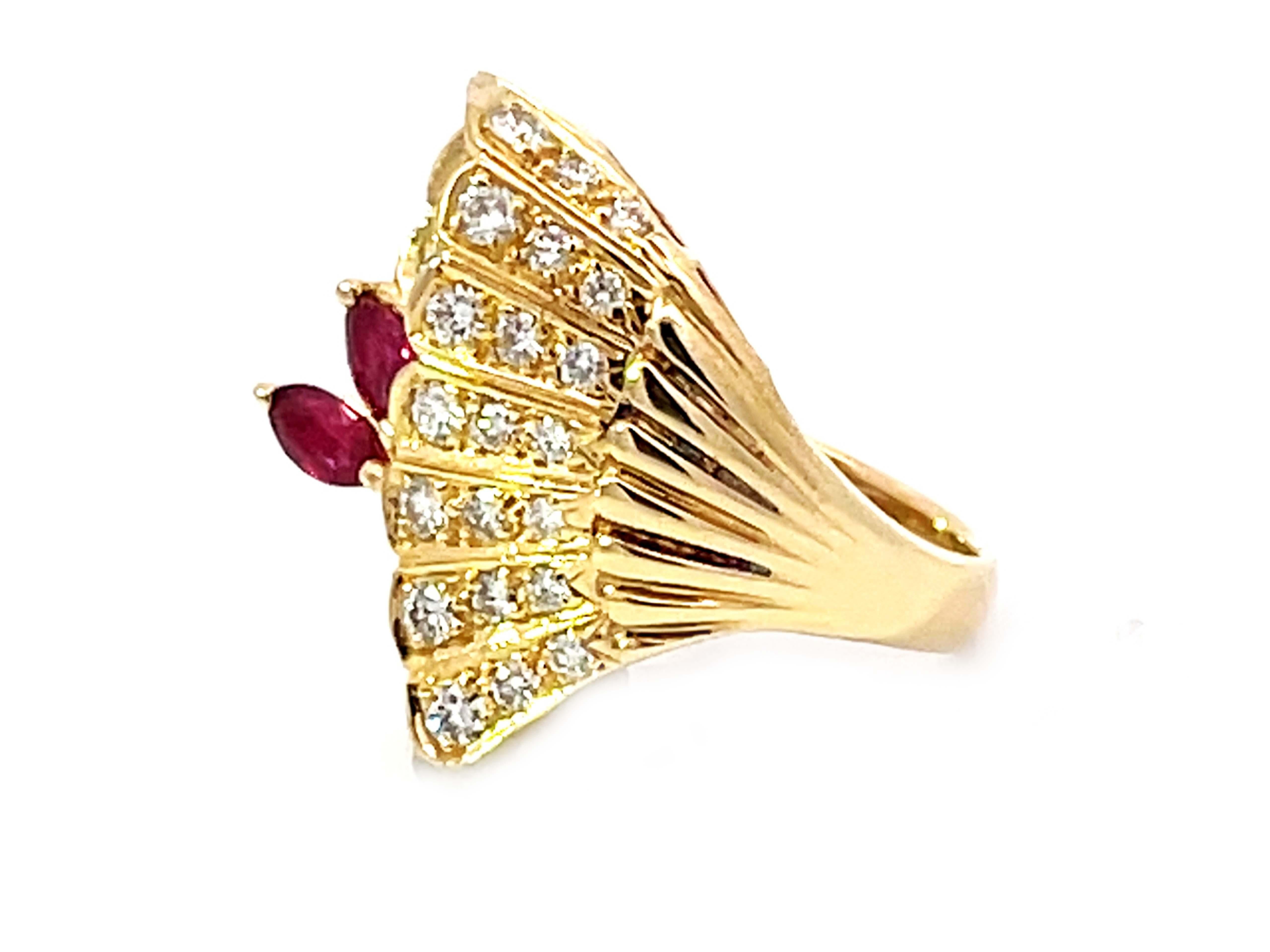 Brilliant Cut Marquise Red Ruby Diamond Cocktail Ring Solid 18k Yellow Gold For Sale
