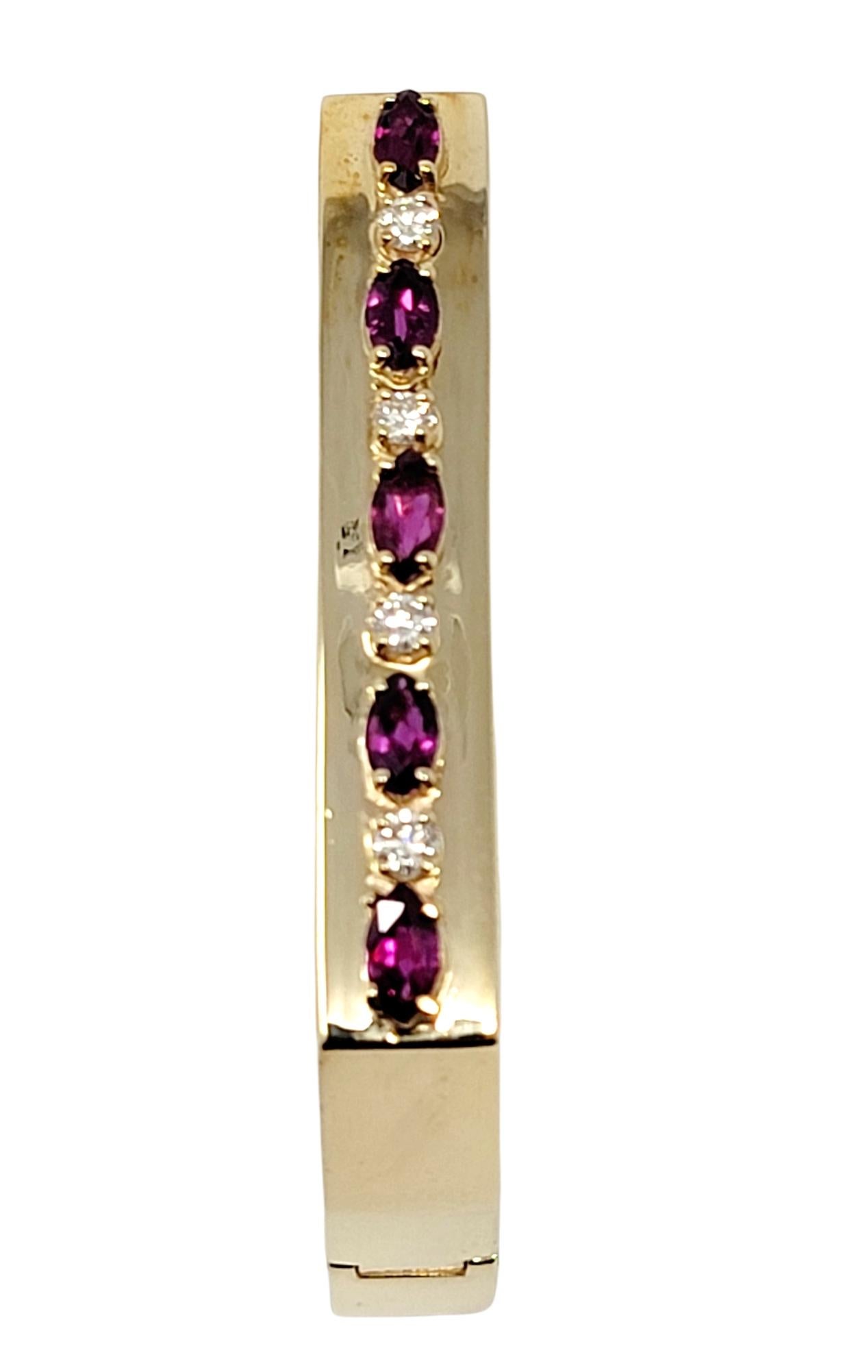 Marquise Rhodolite Garnet and Diamond Hinged Geometric Gold Bangle Bracelet For Sale 6