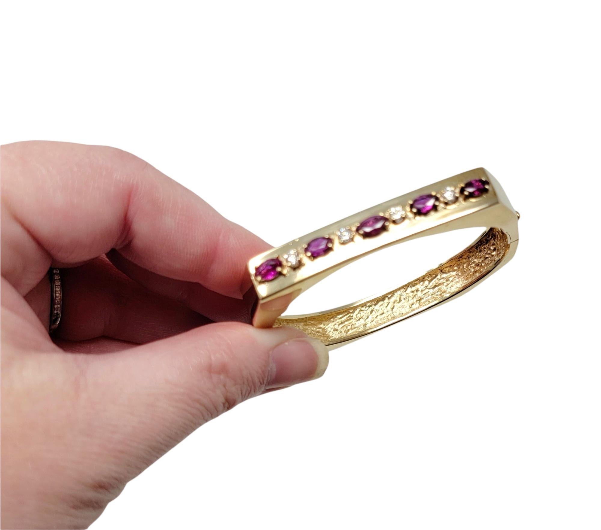 Marquise Rhodolite Garnet and Diamond Hinged Geometric Gold Bangle Bracelet For Sale 7