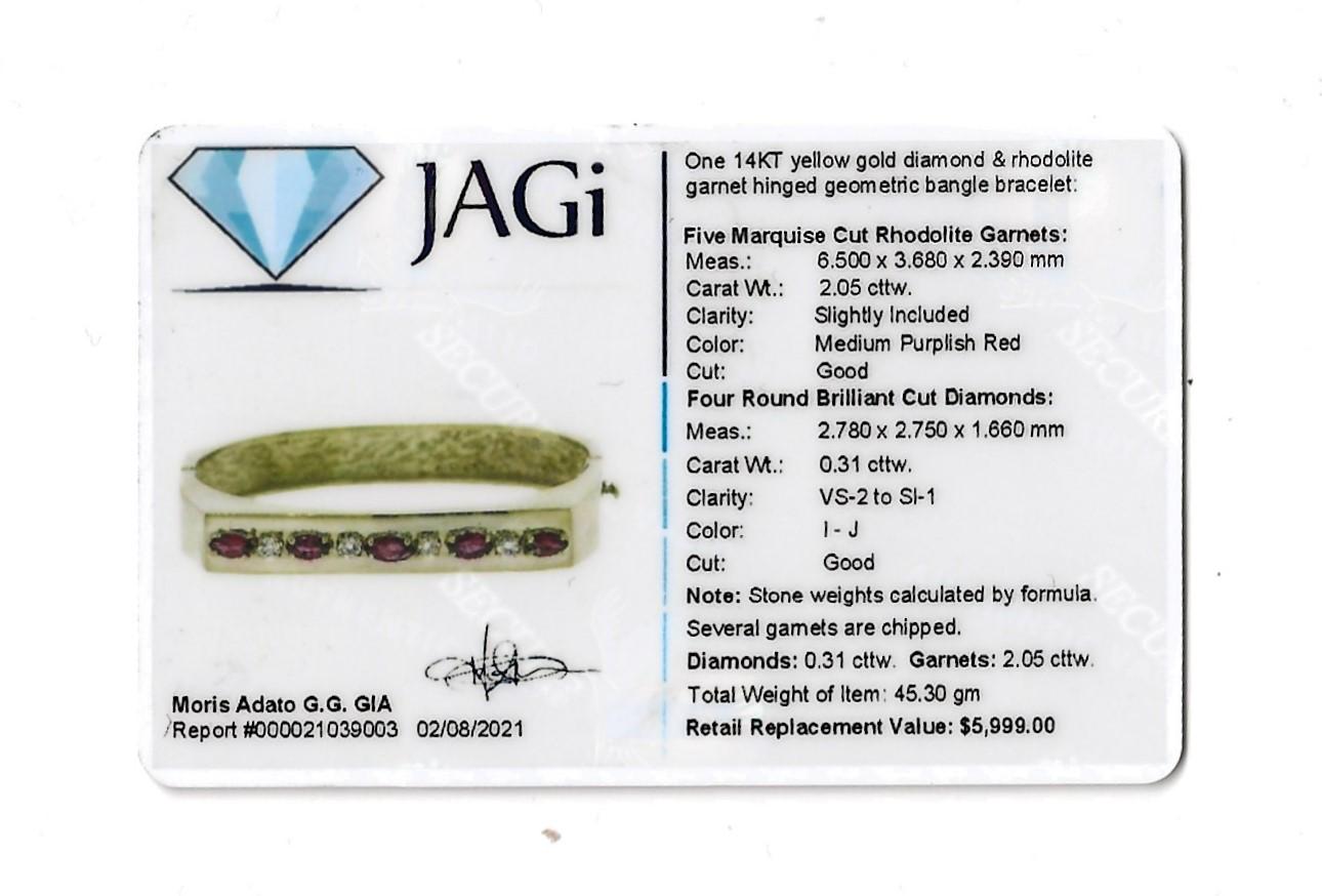 Marquise Rhodolite Garnet and Diamond Hinged Geometric Gold Bangle Bracelet For Sale 10