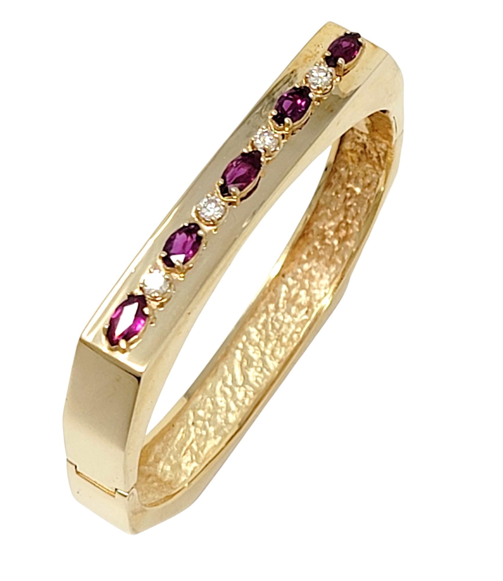 Contemporary Marquise Rhodolite Garnet and Diamond Hinged Geometric Gold Bangle Bracelet For Sale