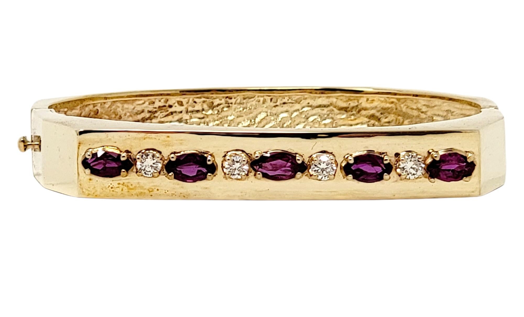 Marquise Cut Marquise Rhodolite Garnet and Diamond Hinged Geometric Gold Bangle Bracelet For Sale