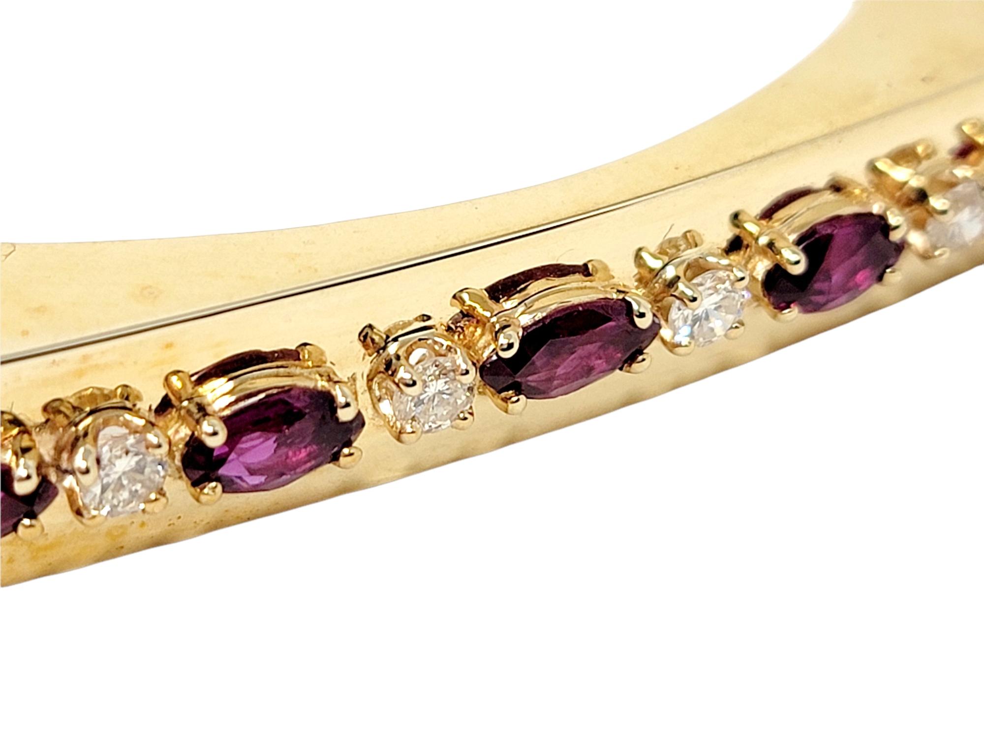 Marquise Rhodolite Garnet and Diamond Hinged Geometric Gold Bangle Bracelet In Good Condition For Sale In Scottsdale, AZ