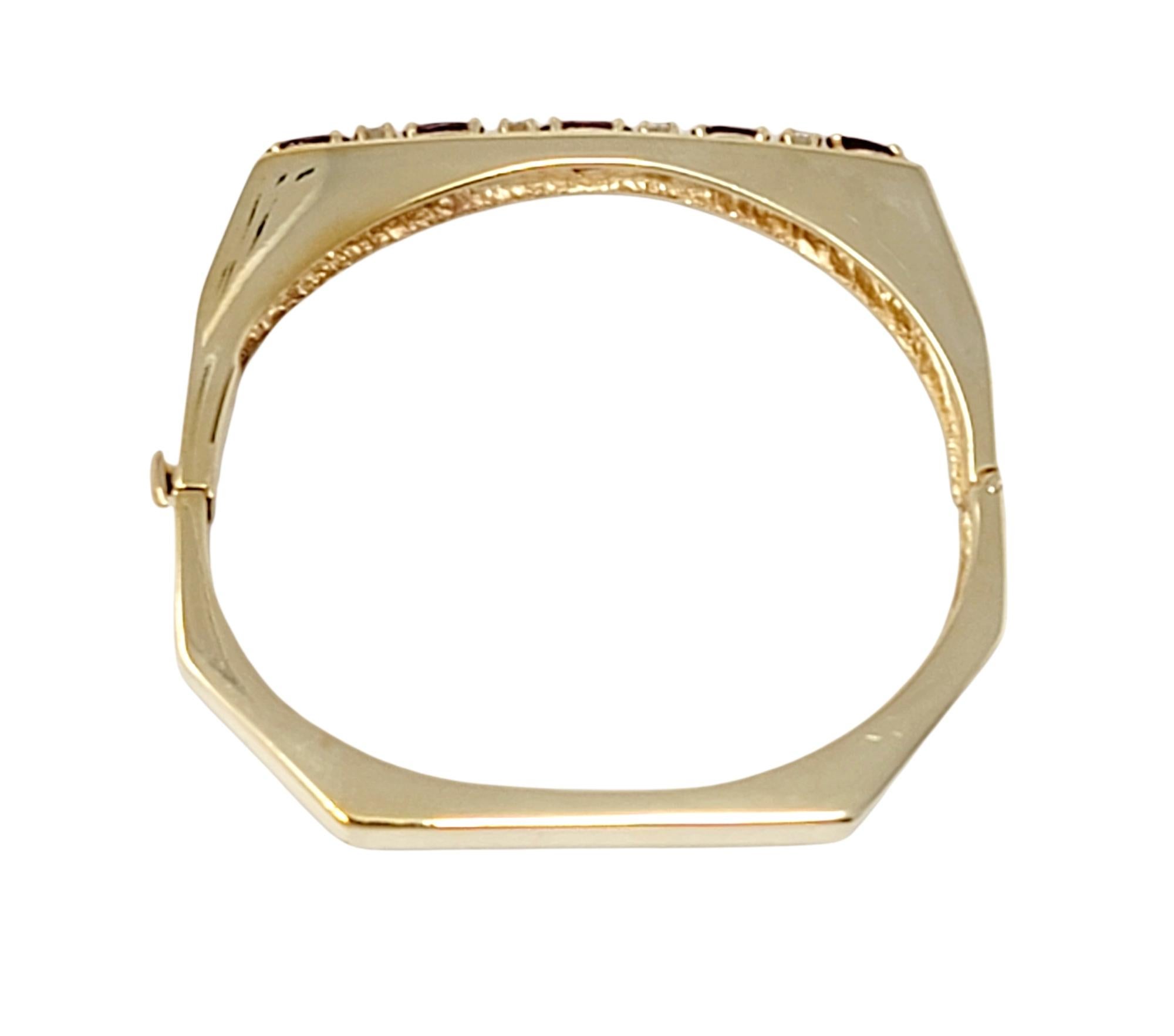 Women's Marquise Rhodolite Garnet and Diamond Hinged Geometric Gold Bangle Bracelet For Sale