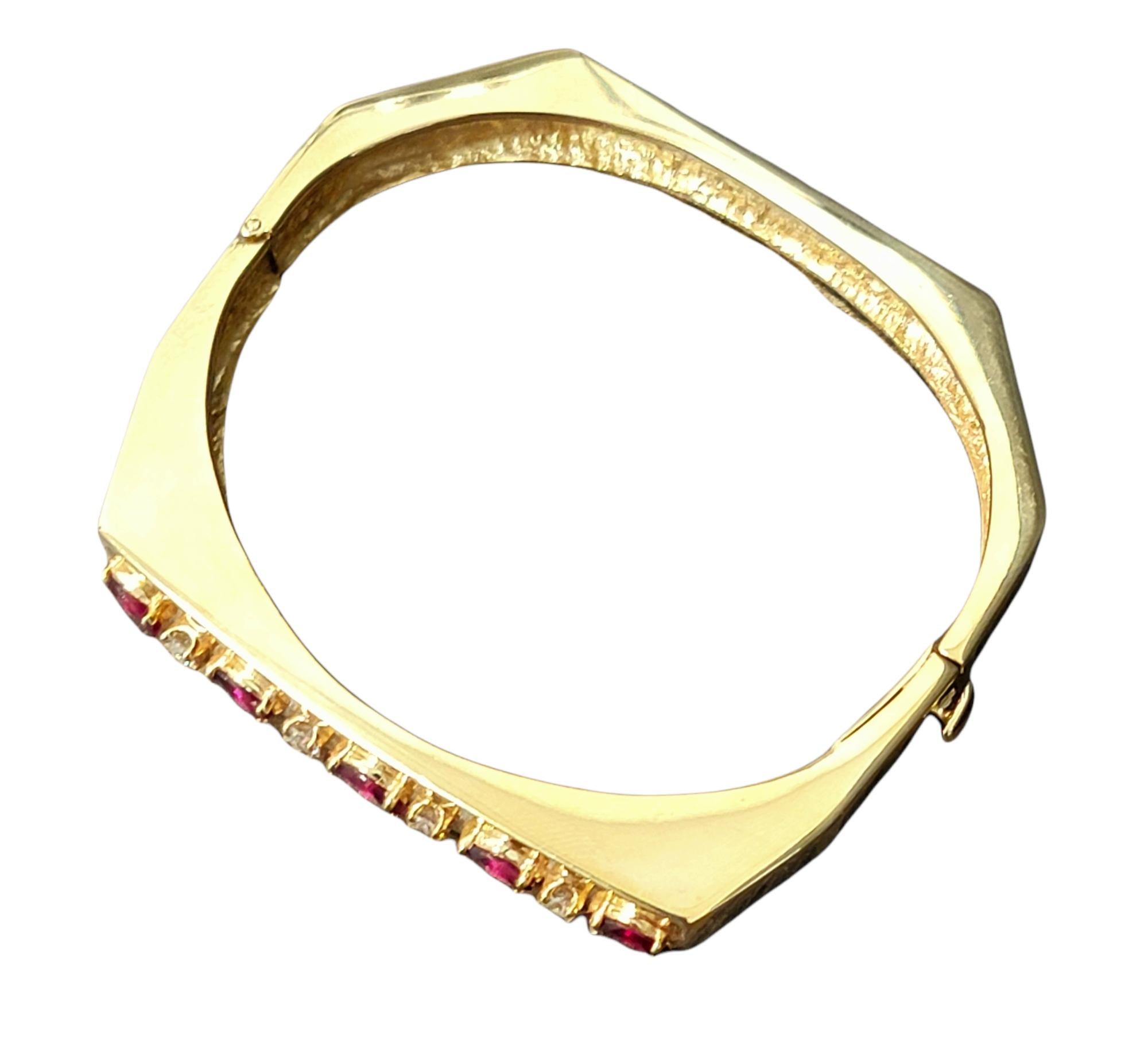 Marquise Rhodolite Garnet and Diamond Hinged Geometric Gold Bangle Bracelet For Sale 1