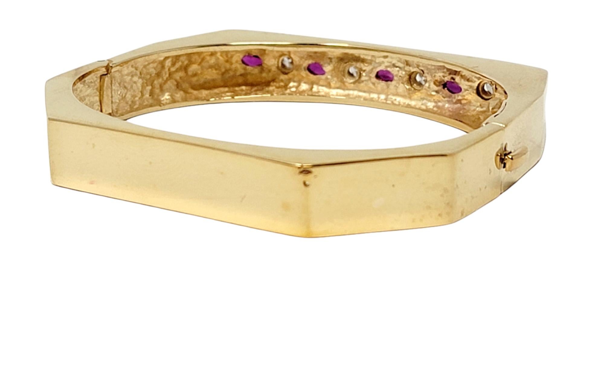 Marquise Rhodolite Garnet and Diamond Hinged Geometric Gold Bangle Bracelet For Sale 2