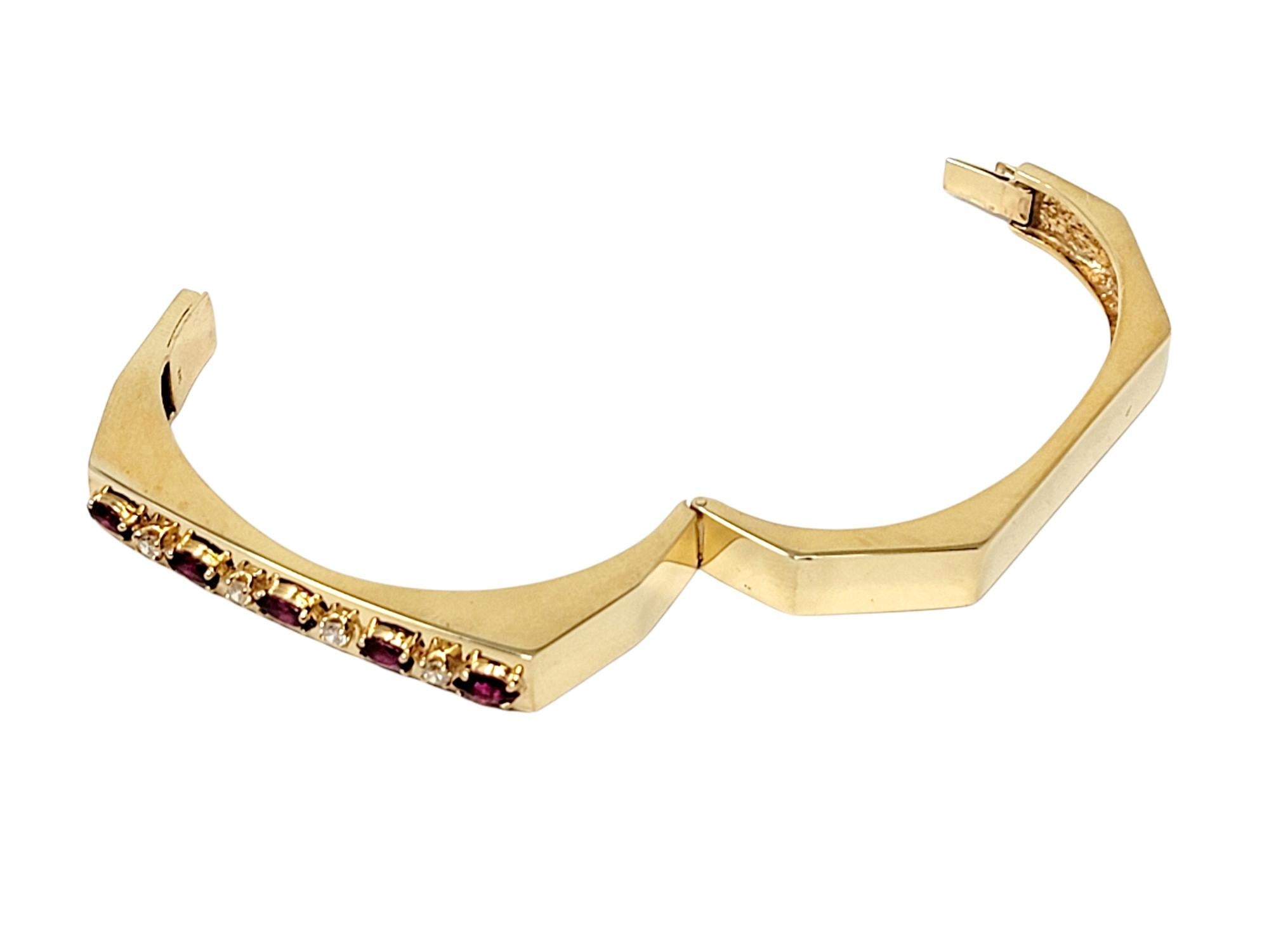 Marquise Rhodolite Garnet and Diamond Hinged Geometric Gold Bangle Bracelet For Sale 3