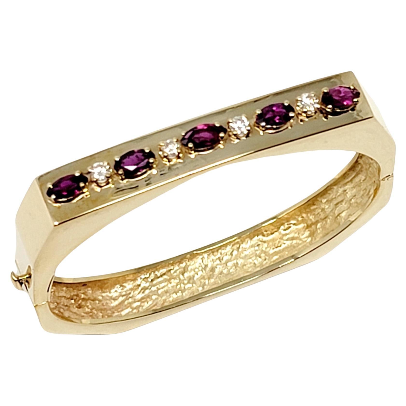 Marquise Rhodolite Garnet and Diamond Hinged Geometric Gold Bangle Bracelet For Sale