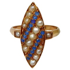 Marquise-Ring aus Roségold mit Perlen und Saphiren