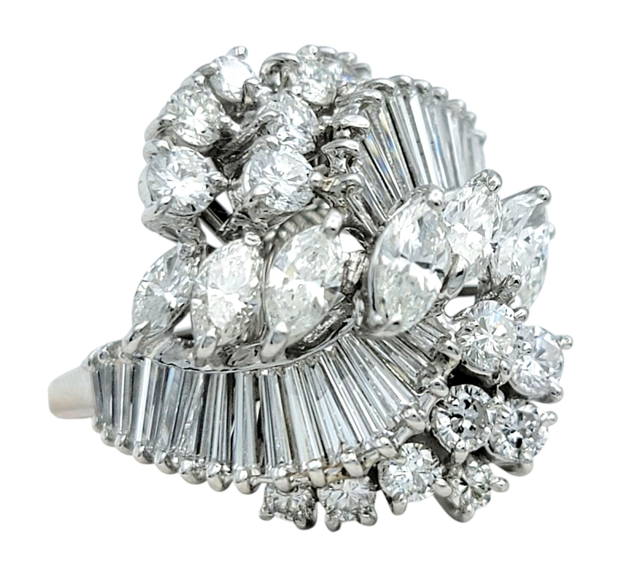 Contemporary Marquise, Round and Baguette Diamond Cluster Swirl Cocktail Ring 18 Karat Gold For Sale