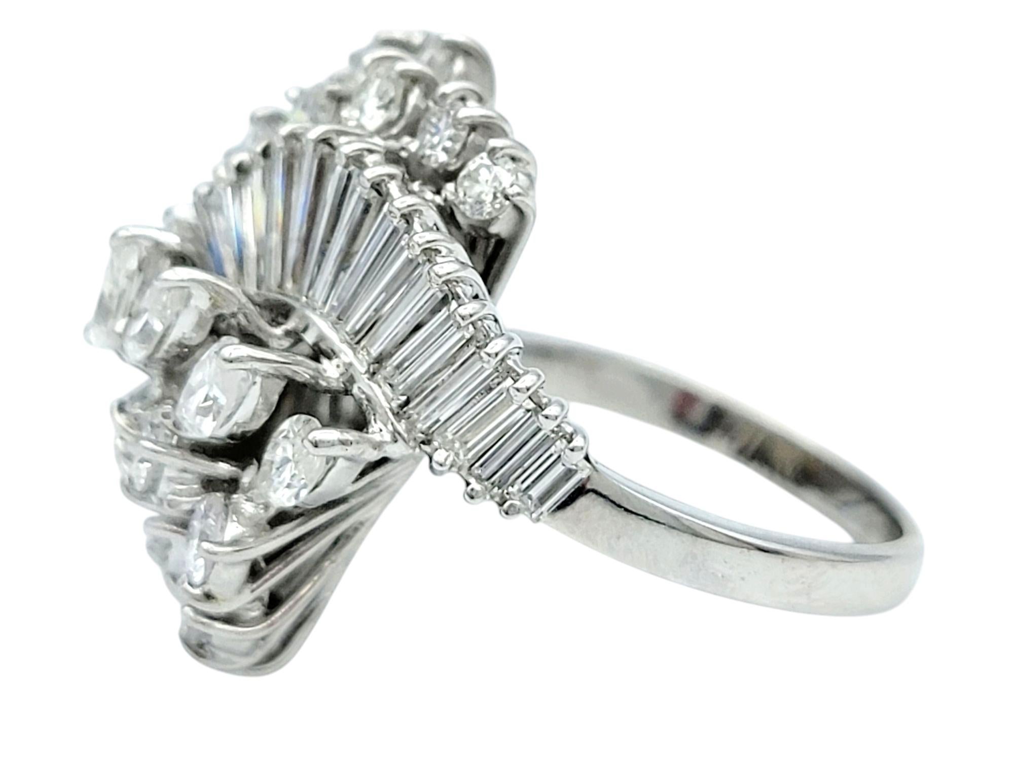 Baguette Cut Marquise, Round and Baguette Diamond Cluster Swirl Cocktail Ring 18 Karat Gold For Sale