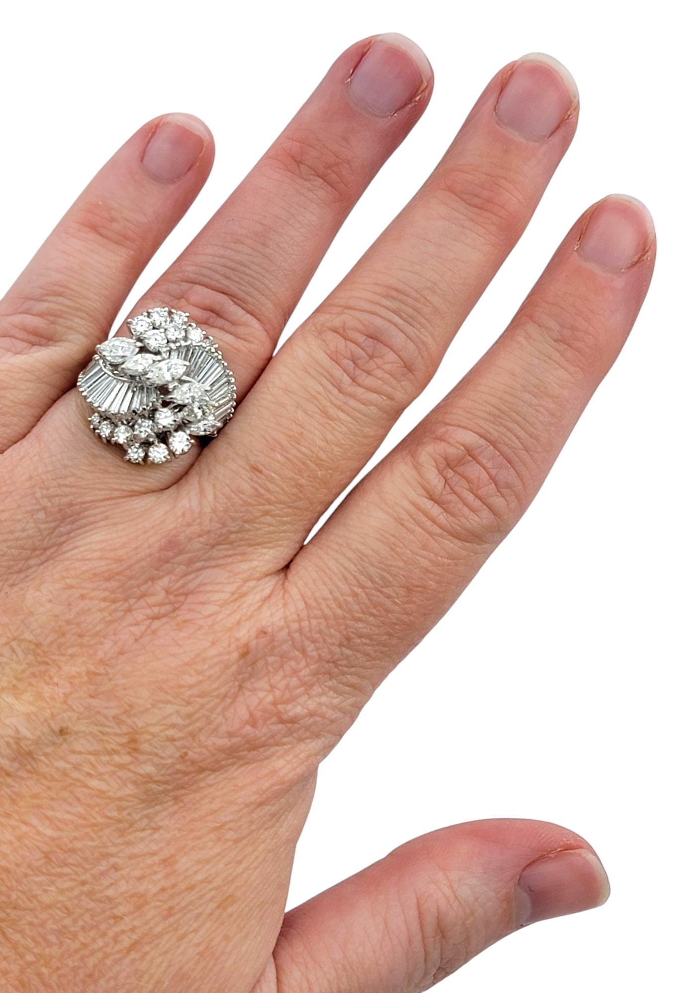 Marquise, Round and Baguette Diamond Cluster Swirl Cocktail Ring 18 Karat Gold For Sale 2