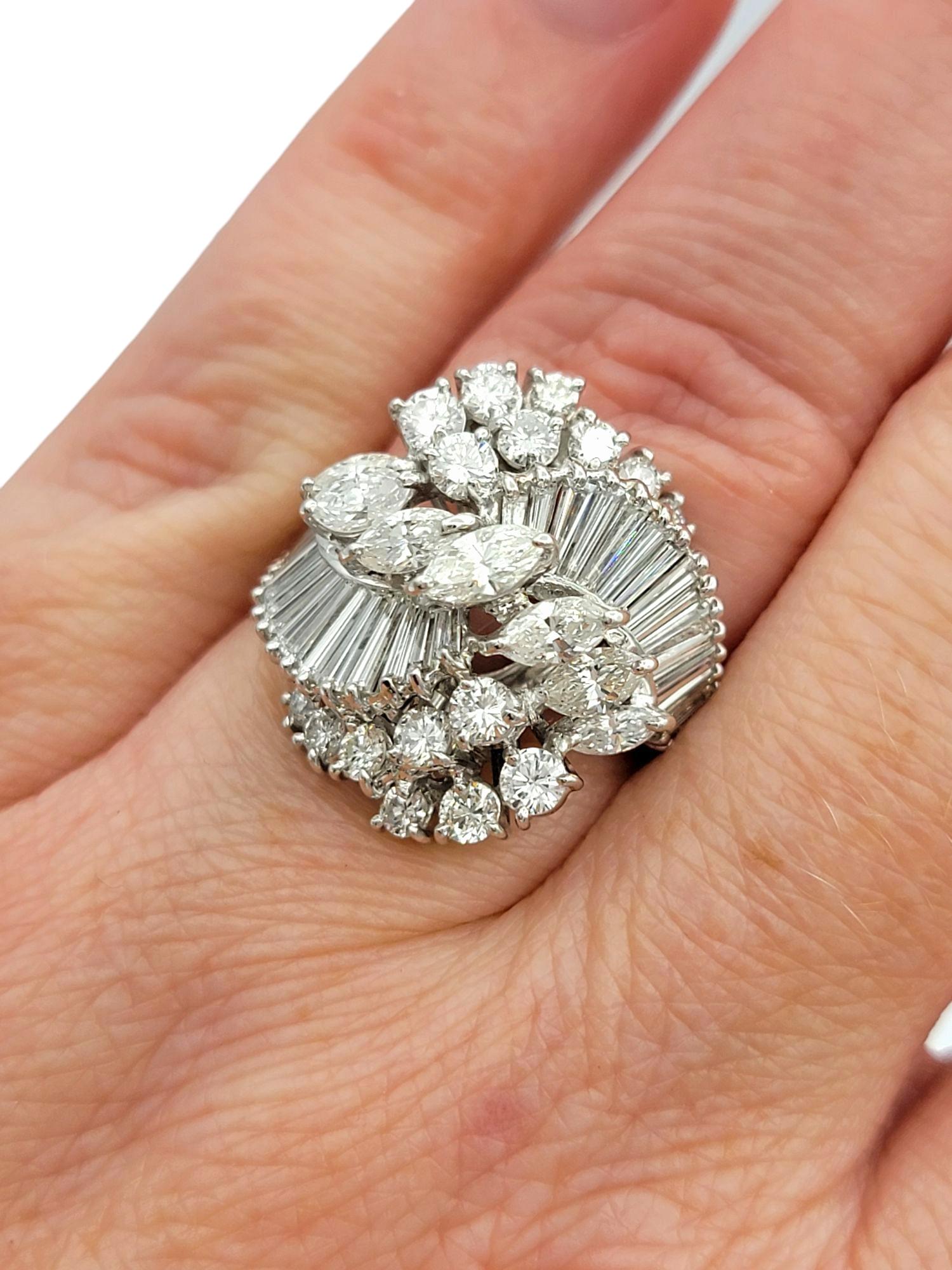 Marquise, Round and Baguette Diamond Cluster Swirl Cocktail Ring 18 Karat Gold For Sale 3