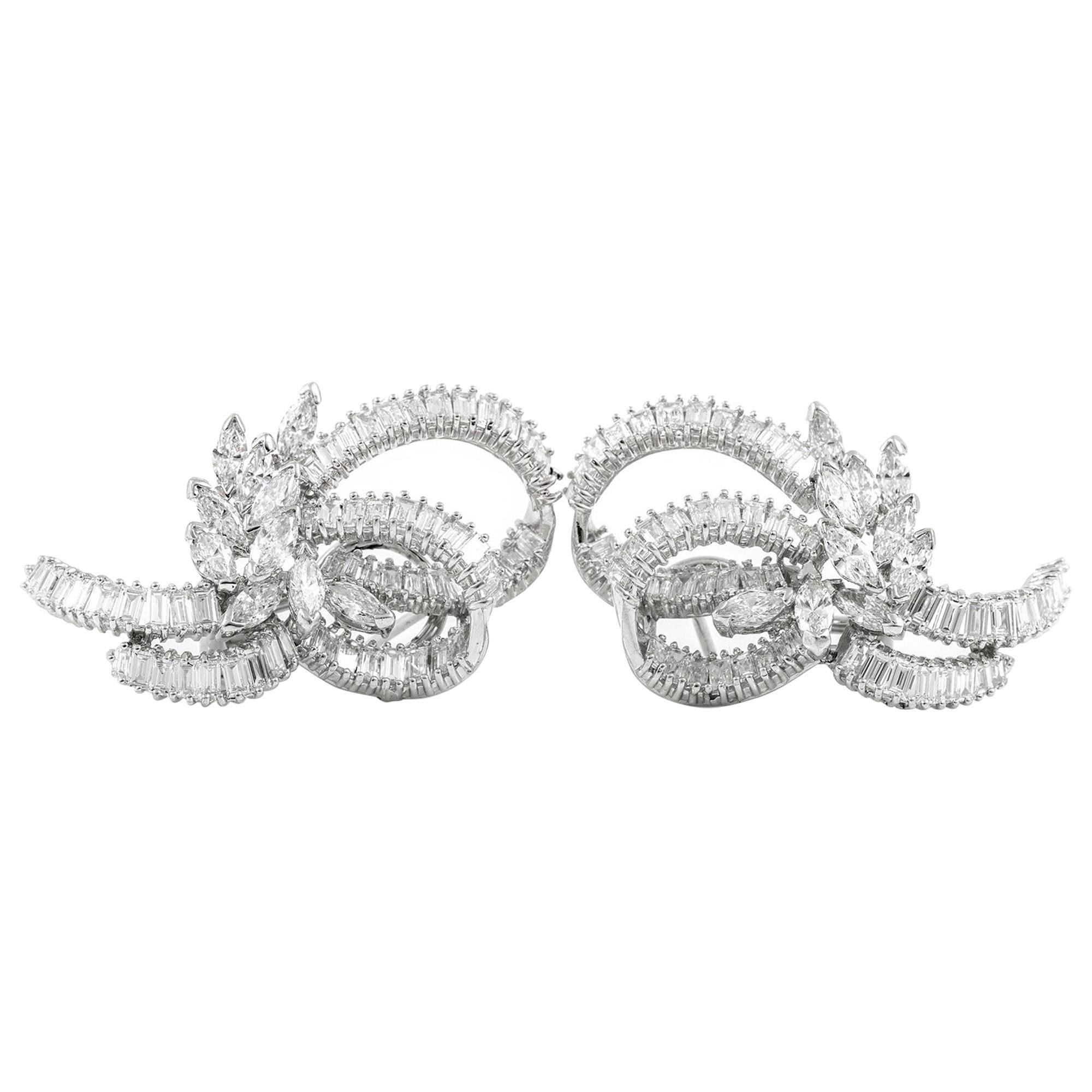 Marquise Round and Baguette on Platinum Setting Earrings For Sale