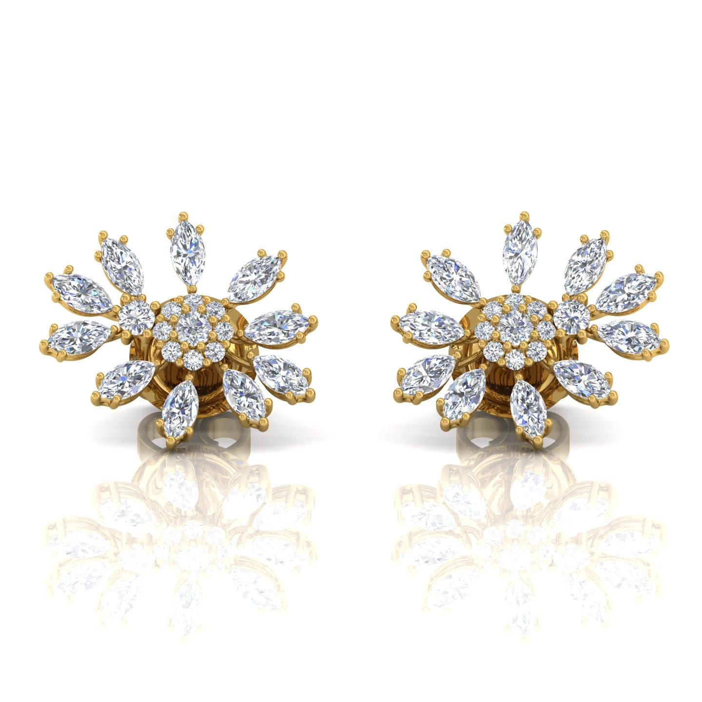 Marquise Cut SI/H Marquise Round Brilliant Cut Diamond Stud Earrings 14 Karat Yellow Gold For Sale