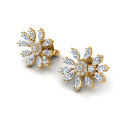 Marquise Round Brilliant Cut Diamond Stud Earrings 18 Karat Yellow Gold Jewelry