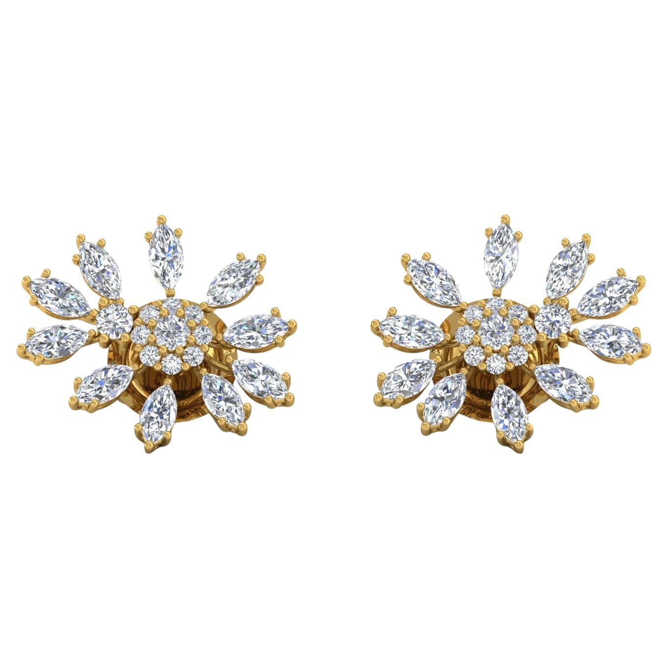 Marquise Round Brilliant Cut Diamond Stud Earrings 18 Karat Yellow Gold Jewelry