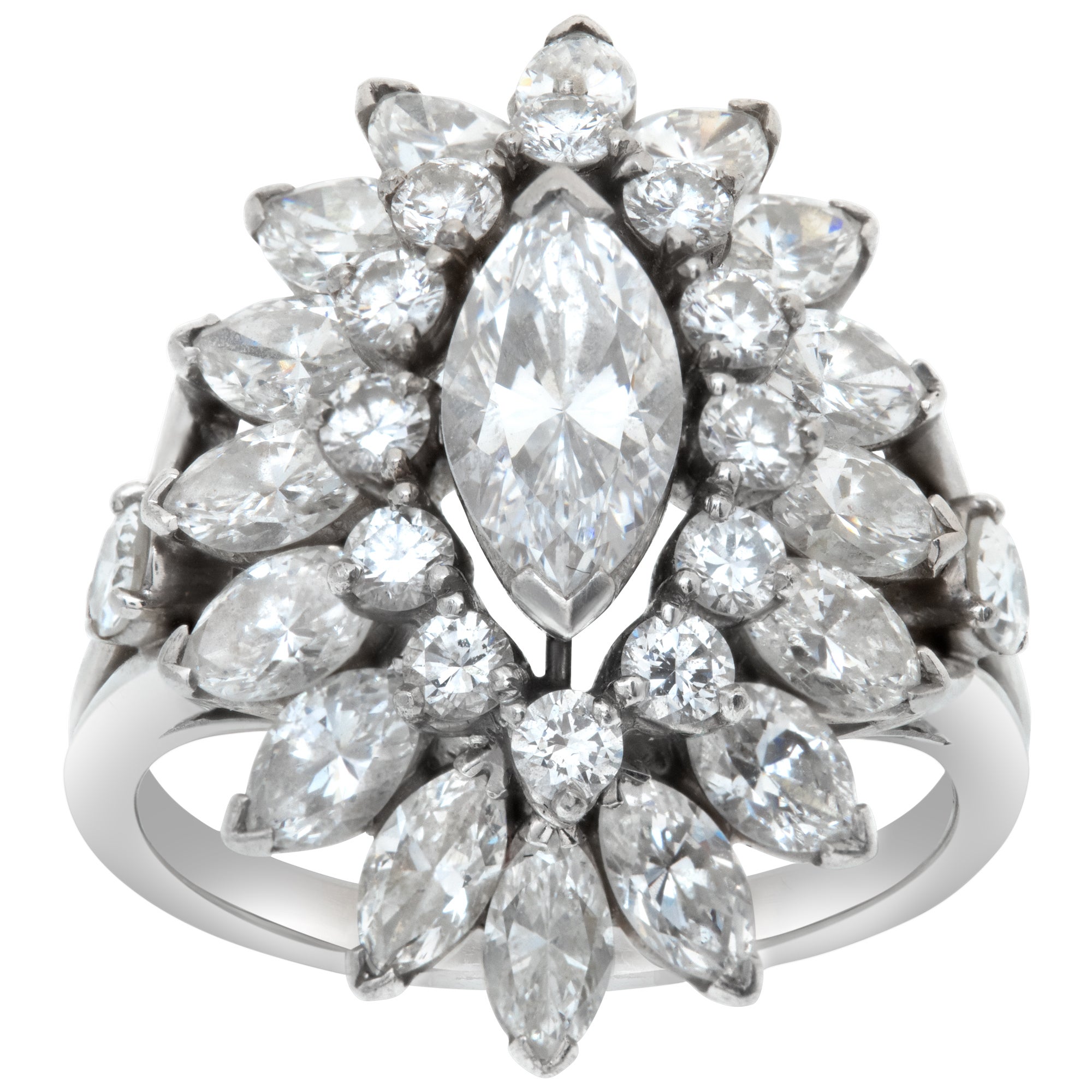 Marquise & round brilliant cut diamonds "Ballerina" ring set in platinum For Sale