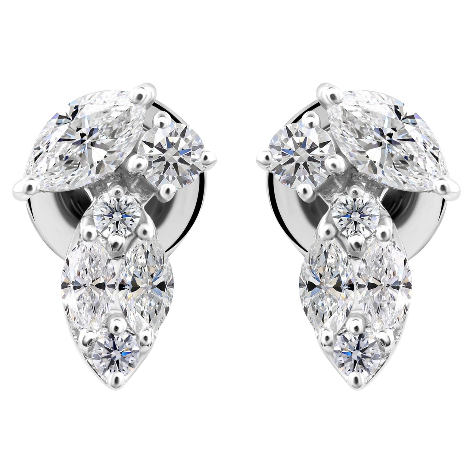 0.94 Ct Natural Diamond Pear & Marquise Bow Stud Earrings 14k White Gold For Sale