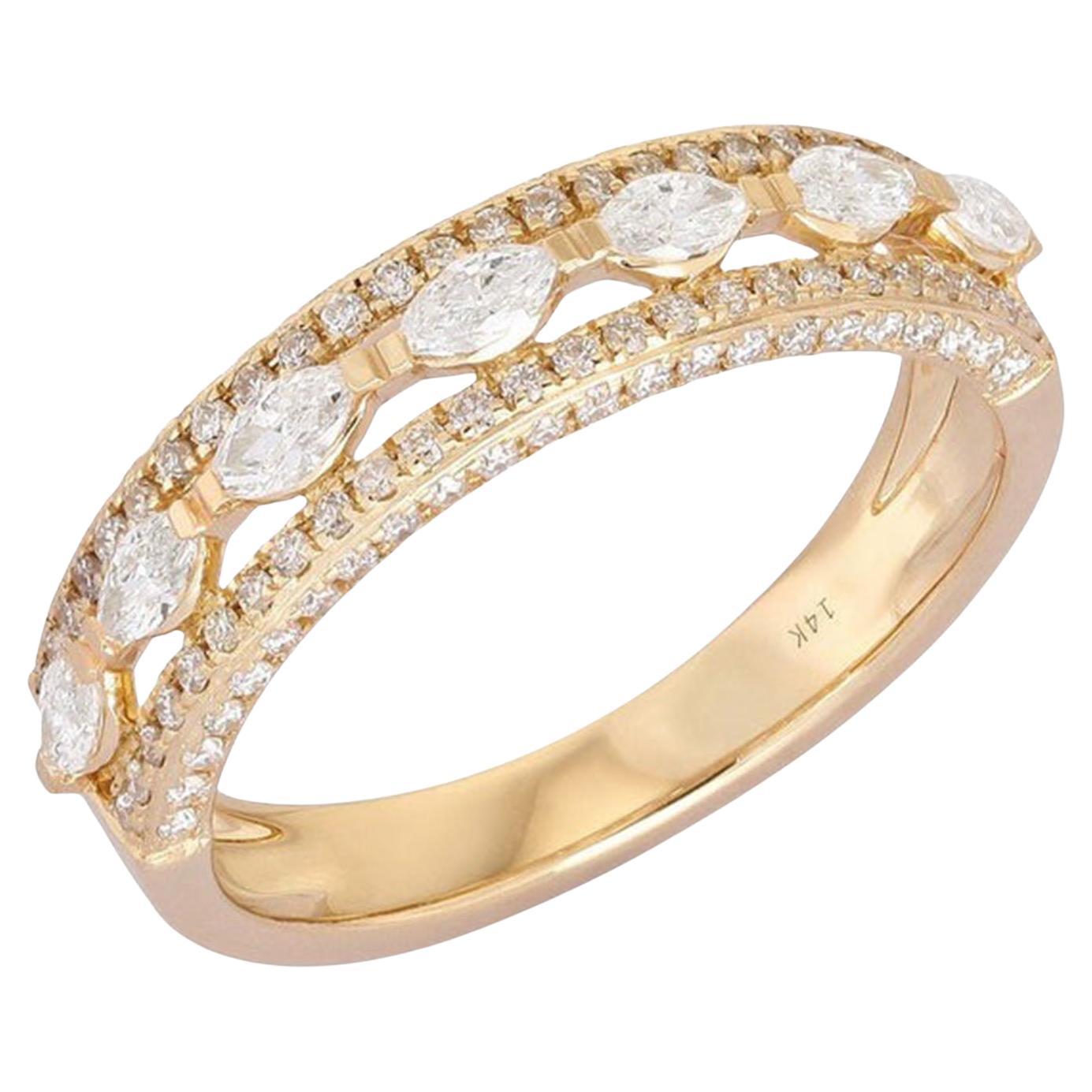 Marquise Round Diamond 14K (or18k upon request) Yellow Gold Double Row Band Ring