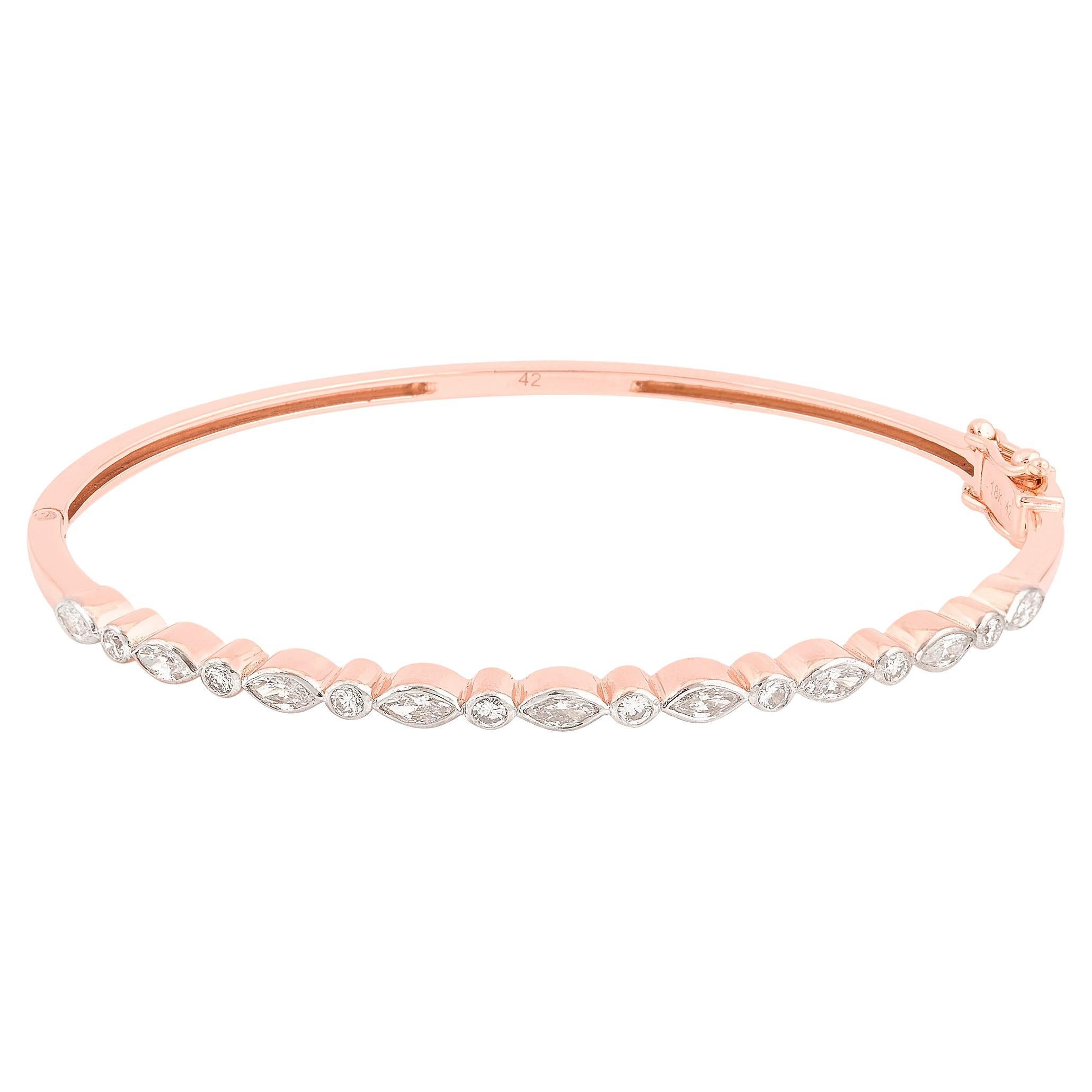 Bracelet jonc en or rose 14 carats avec diamants ronds et marquises, fabrication artisanale