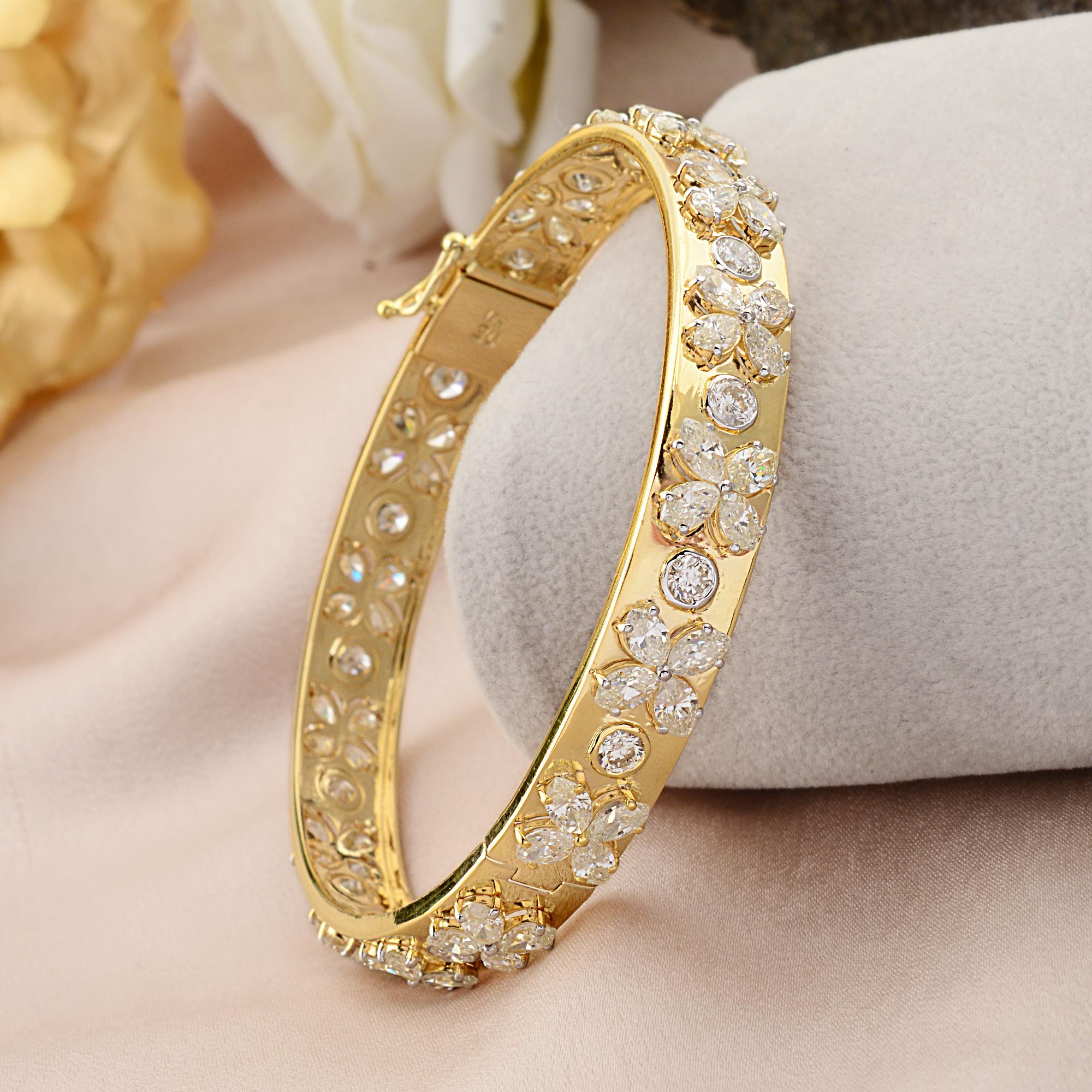 Marquise Cut Marquise & Round Diamond Bangle Bracelet 14 Karat Yellow Gold Handmade Jewelry For Sale