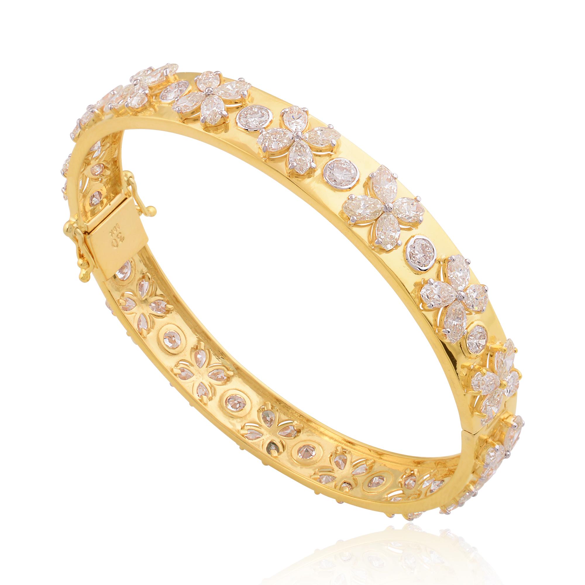 Women's Marquise & Round Diamond Bangle Bracelet 14 Karat Yellow Gold Handmade Jewelry For Sale