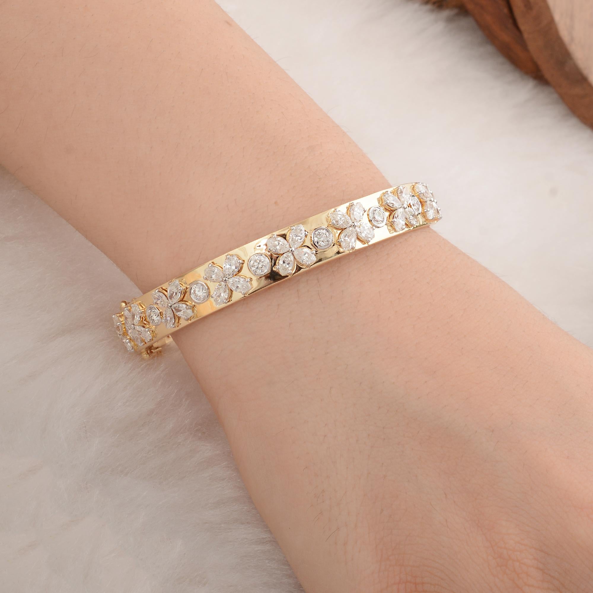 Modern Marquise & Round Diamond Bangle Bracelet 18 Karat Yellow Gold Handmade Jewelry For Sale
