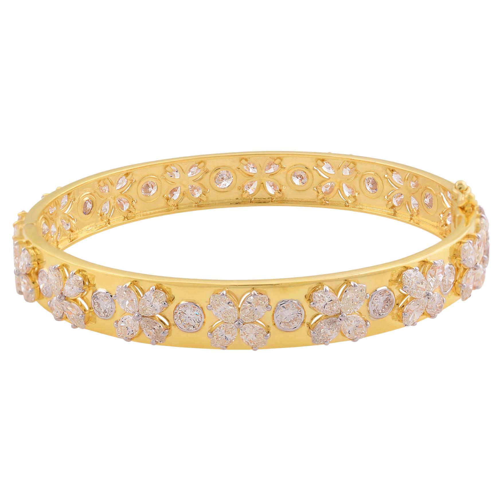 Marquise & Round Diamond Bangle Bracelet 18 Karat Yellow Gold Handmade Jewelry